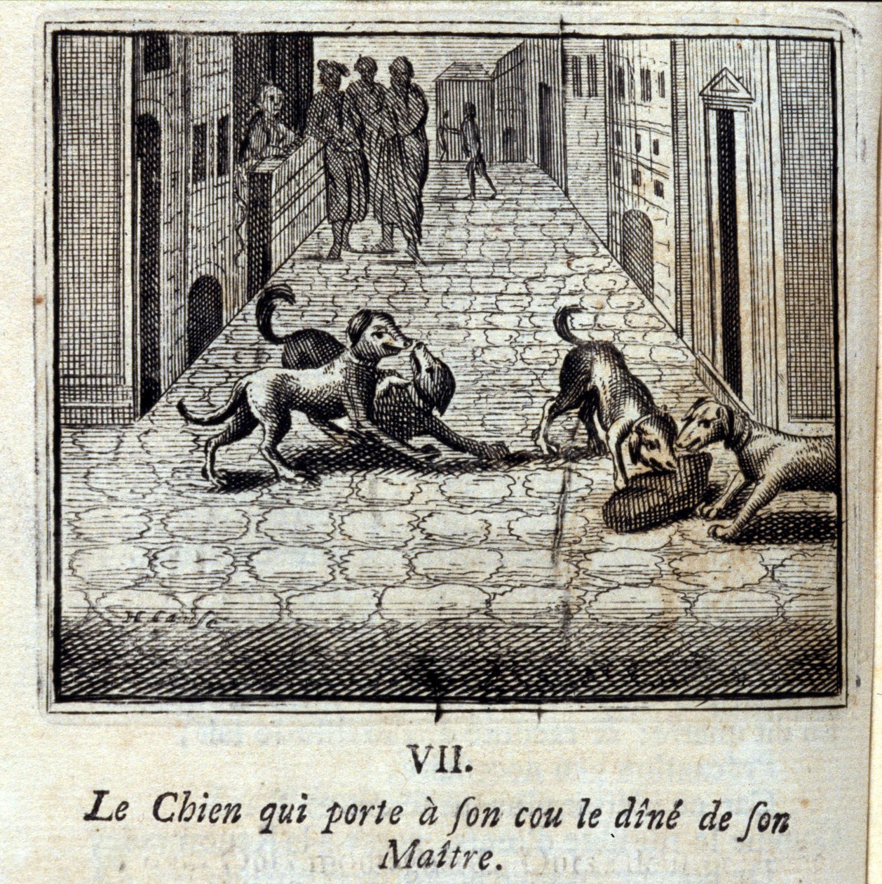 O Cão que usa o Jantar do seu Mestre ao pescoço. Fábulas de Jean de La Fontaine (1621-95). Ilustração de François Chauveau (1613-1676). Edição de 1728. de Francois Chauveau