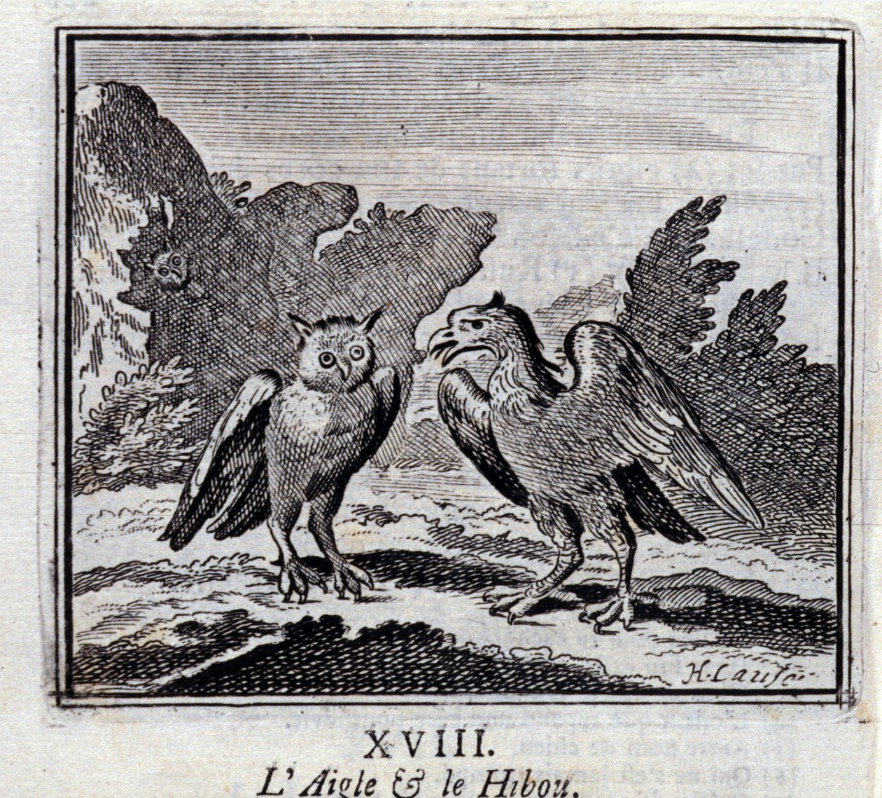 A Águia e o Coruja. Fábulas de Jean de La Fontaine (1621-95). Ilustração de François Chauveau (1613-1676). Edição de 1728. de Francois Chauveau