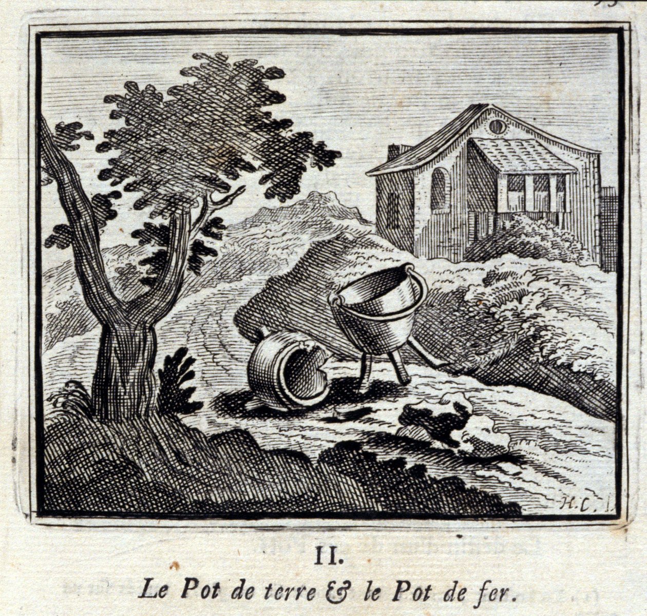 O Pote Terrestre e o Pote de Ferro. Fábulas de Jean de La Fontaine (1621-95). Ilustração de François Chauveau (1613-1676). Edição de 1728. de Francois Chauveau