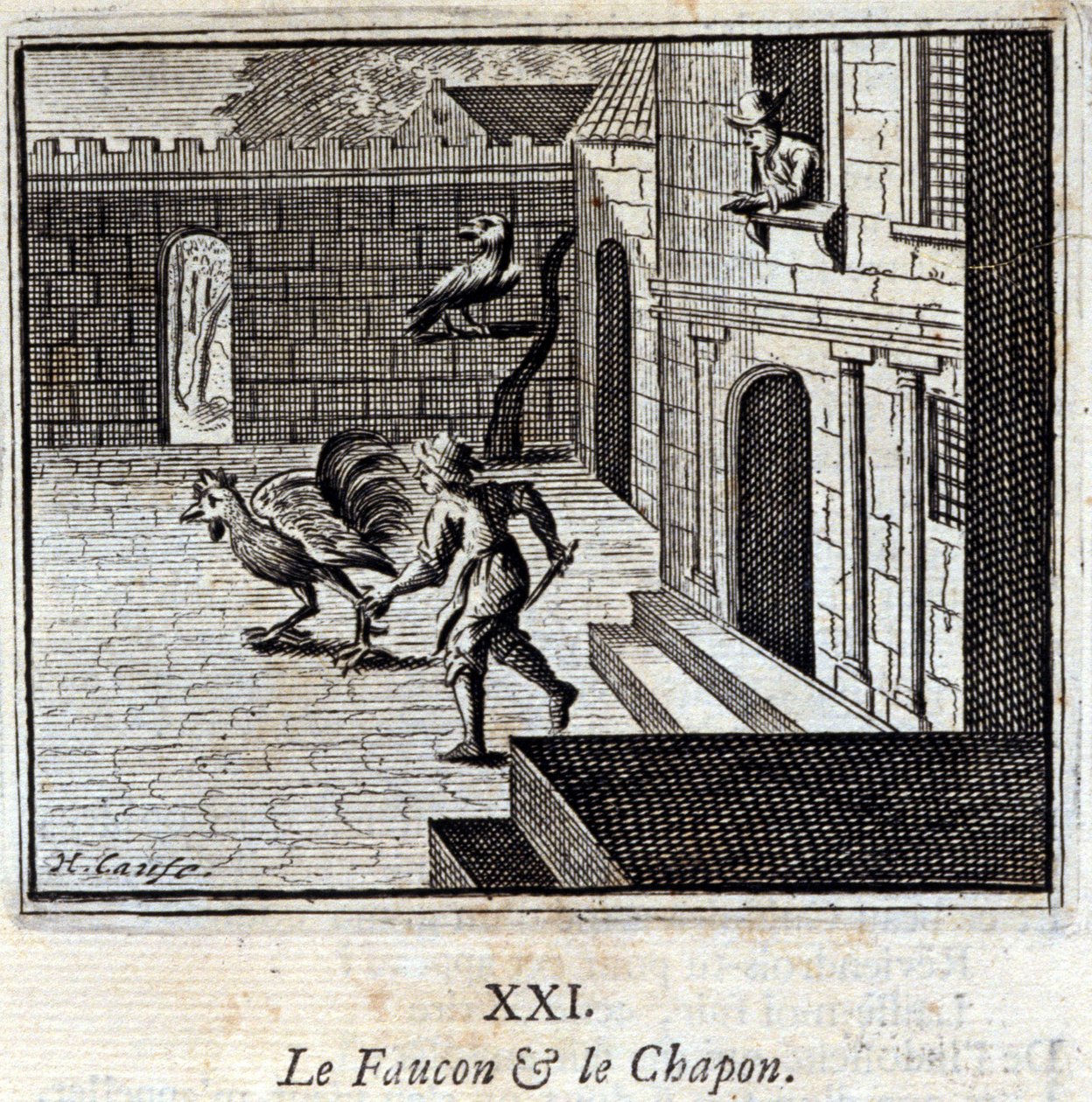 O Falcão e o Capão. Fábulas de Jean de La Fontaine (1621-95). Ilustração de François Chauveau (1613-1676). Edição de 1728. de Francois Chauveau