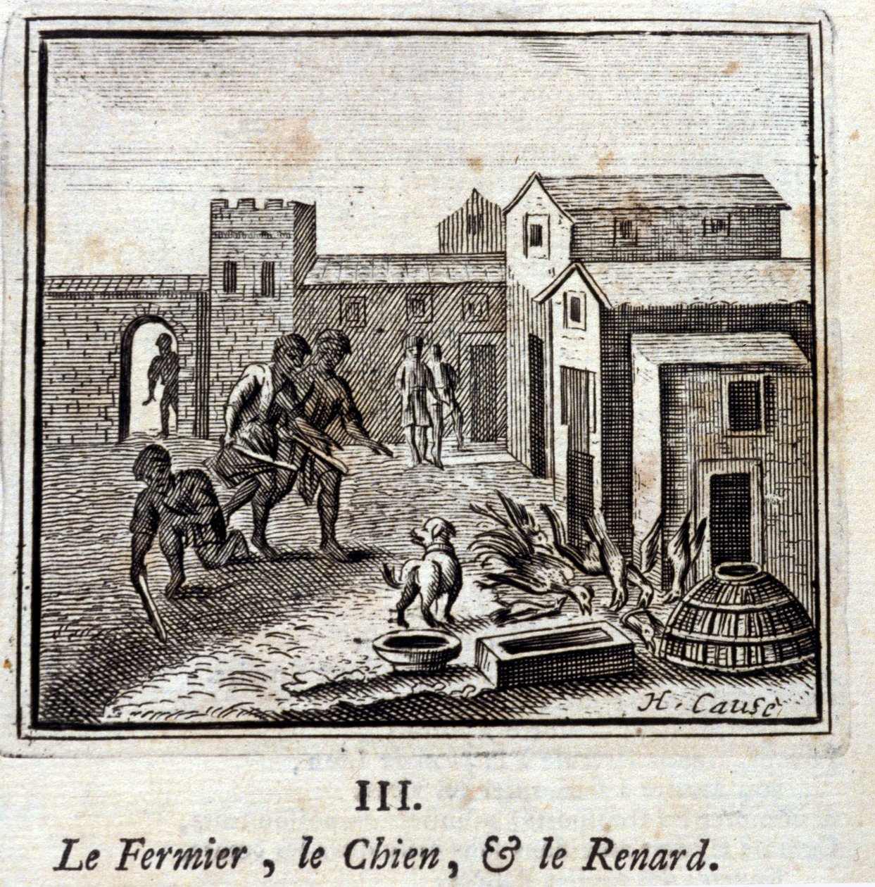 O Agricultor, o Cão e a Raposa. Fábulas de Jean de La Fontaine (1621-95). Ilustração de François Chauveau (1613-1676). Edição de 1728. de Francois Chauveau