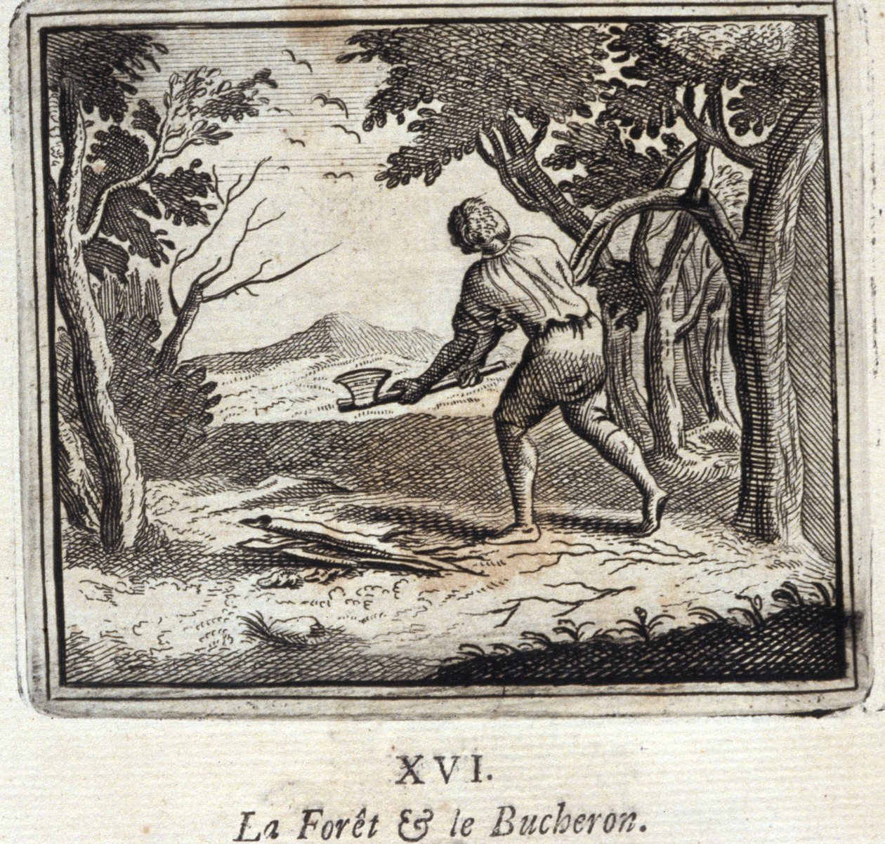 A Floresta e o Bucheron. Fábulas de Jean de La Fontaine (1621-95). Ilustração de François Chauveau (1613-1676). Edição de 1728. de Francois Chauveau