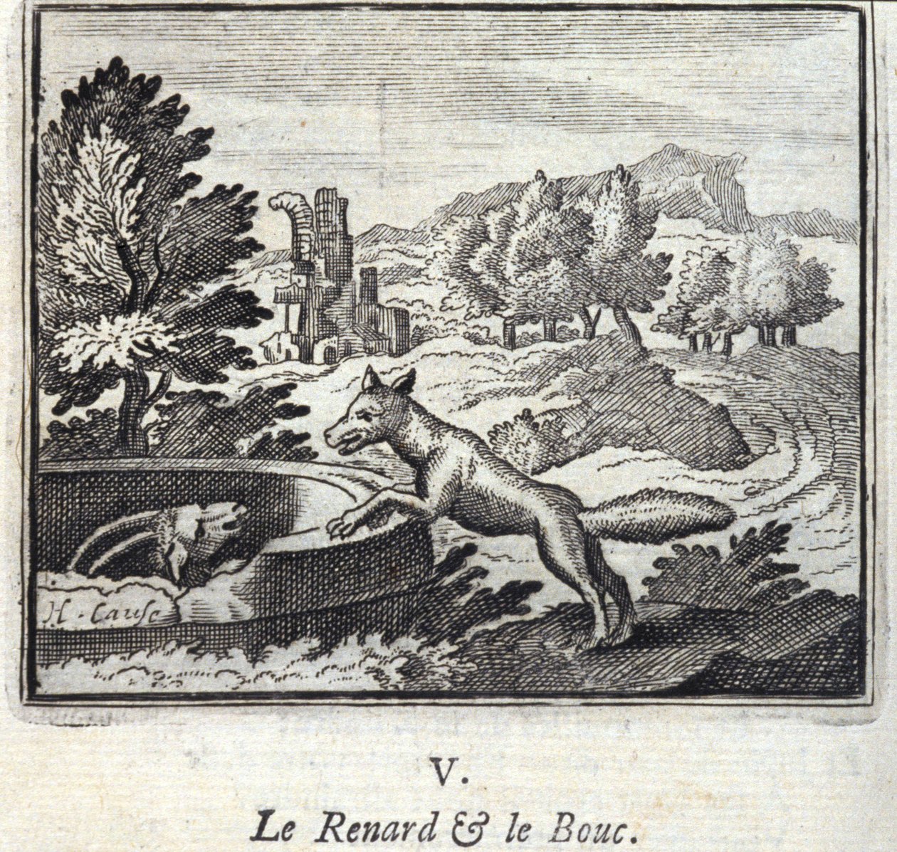 The Fox and the Bouc.Fables de Jean de La Fontaine (1621-95). Ilustração de François Chauveau (1613-1676). Edição de 1728. de Francois Chauveau