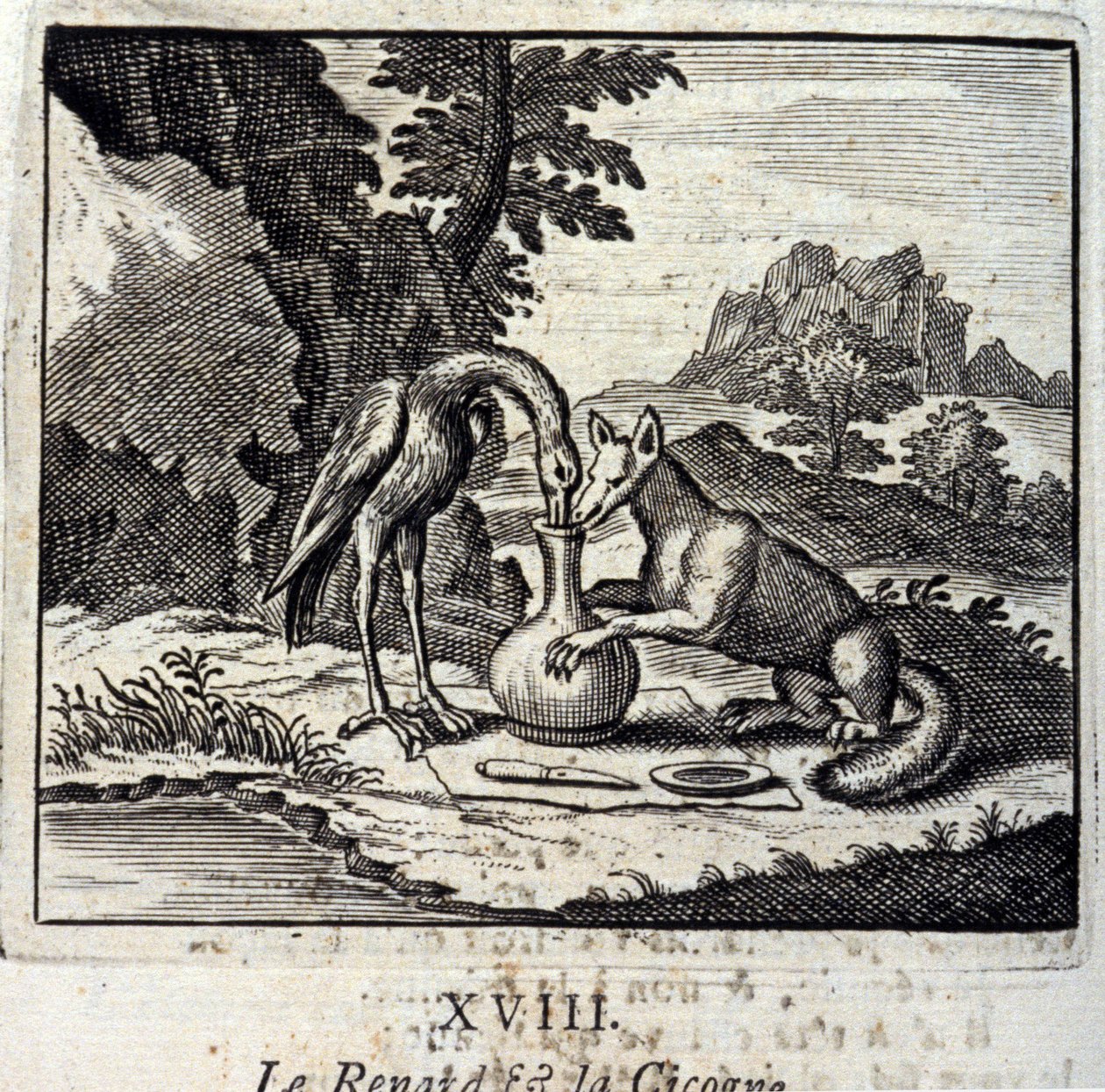 The Fox and the Cigogne.Fables de Jean de La Fontaine (1621-95). Ilustração de François Chauveau (1613-1676). Edição de 1728. de Francois Chauveau