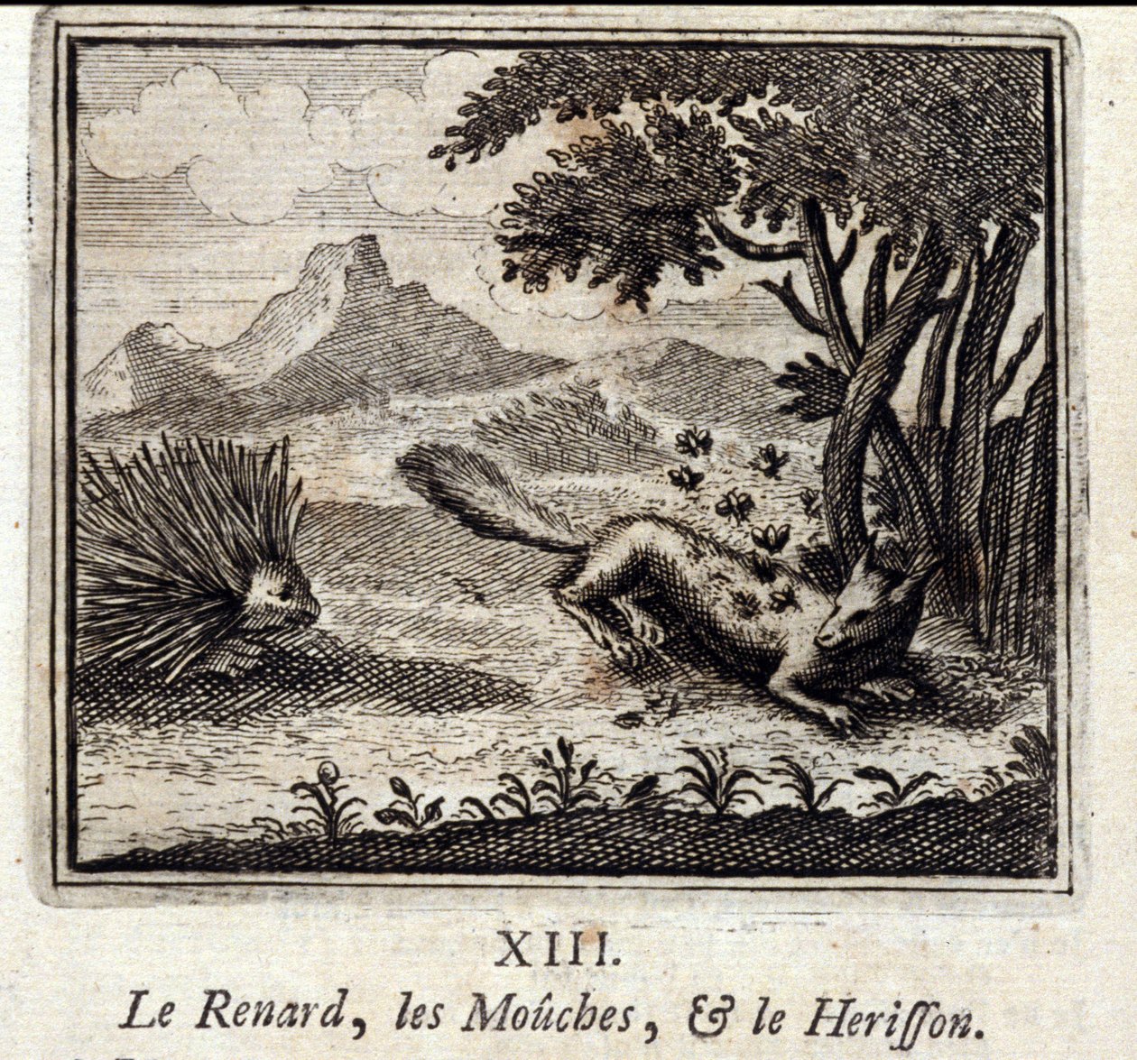 A Raposa, as Moscas e o Herisson. Fábulas de Jean de La Fontaine (1621-95). Ilustração de François Chauveau (1613-1676). Edição de 1728. de Francois Chauveau