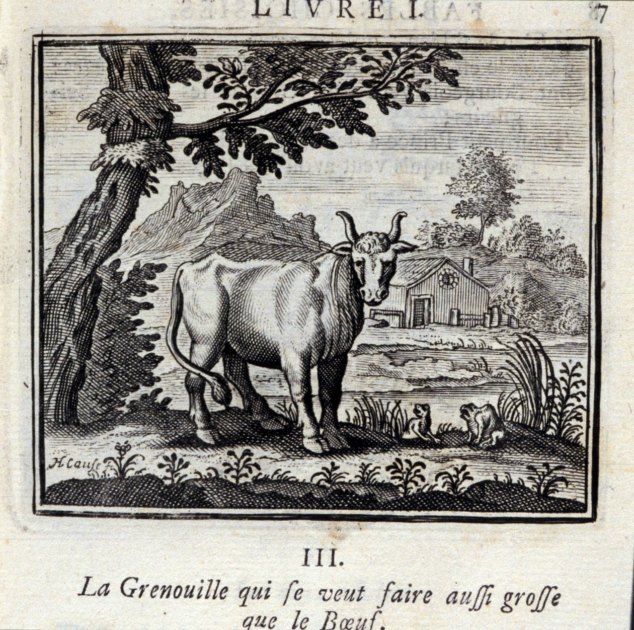 O Sapo que quer ficar tão grande como a Carne. Fábulas de Jean de La Fontaine (1621-95). Ilustração de François Chauveau (1613-1676). Edição de 1728. de Francois Chauveau