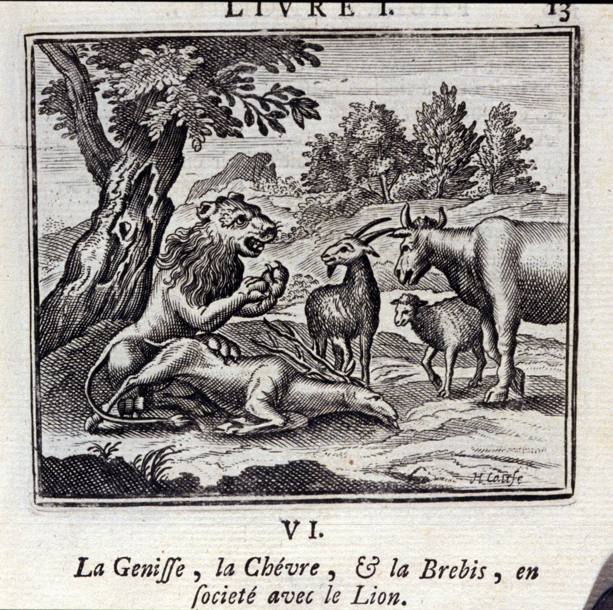 Os Genisse the Gove e as Ovelhas na sociedade com o Leão. Fábulas de Jean de La Fontaine (1621-95). Ilustração de François Chauveau (1613-1676). Edição de 1728. de Francois Chauveau