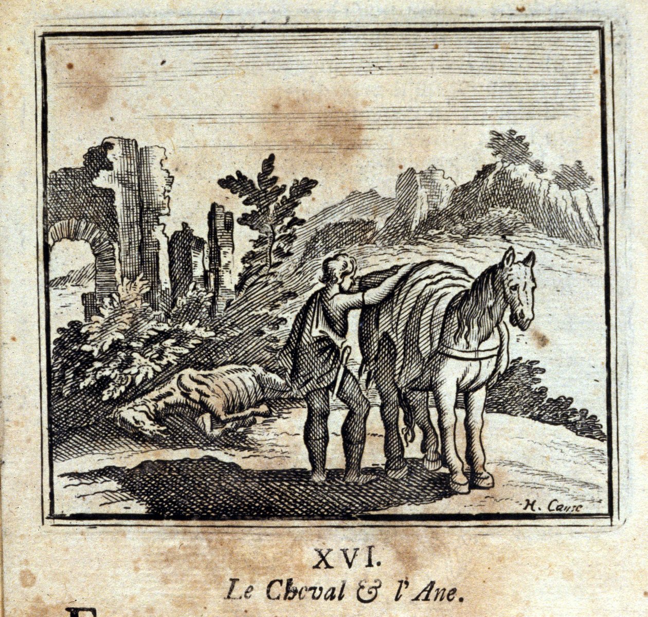 O Cavalo e o Burro. Fábulas de Jean de La Fontaine (1621-95). Ilustração de François Chauveau (1613-1676). Edição de 1728. de Francois Chauveau