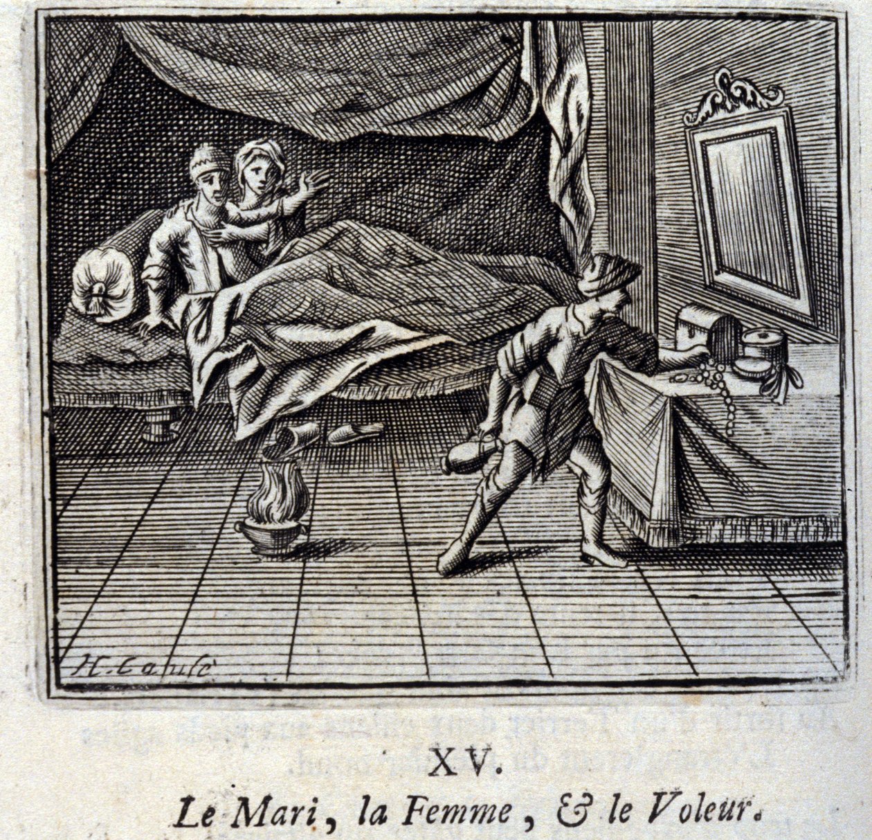 O Marido, a Mulher, e o Ladrão. Fábulas de Jean de La Fontaine (1621-95). Ilustração de François Chauveau (1613-1676). Edição de 1728. de Francois Chauveau