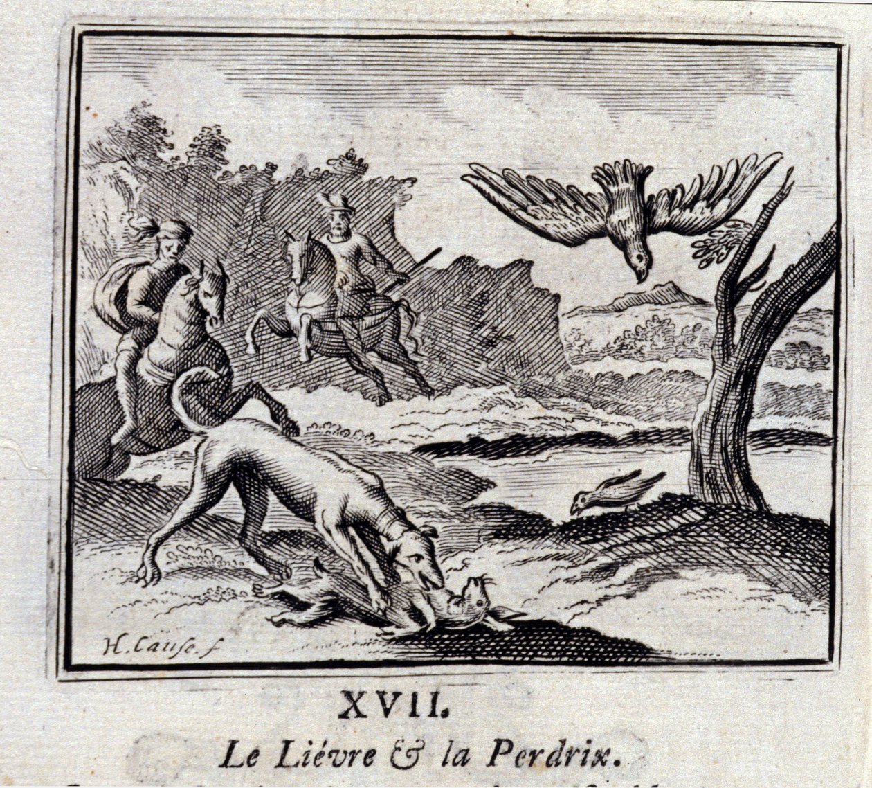 The Lievre and the Pardrix.Fables de Jean de La Fontaine (1621-95). Ilustração de François Chauveau (1613-1676). Edição de 1728. de Francois Chauveau