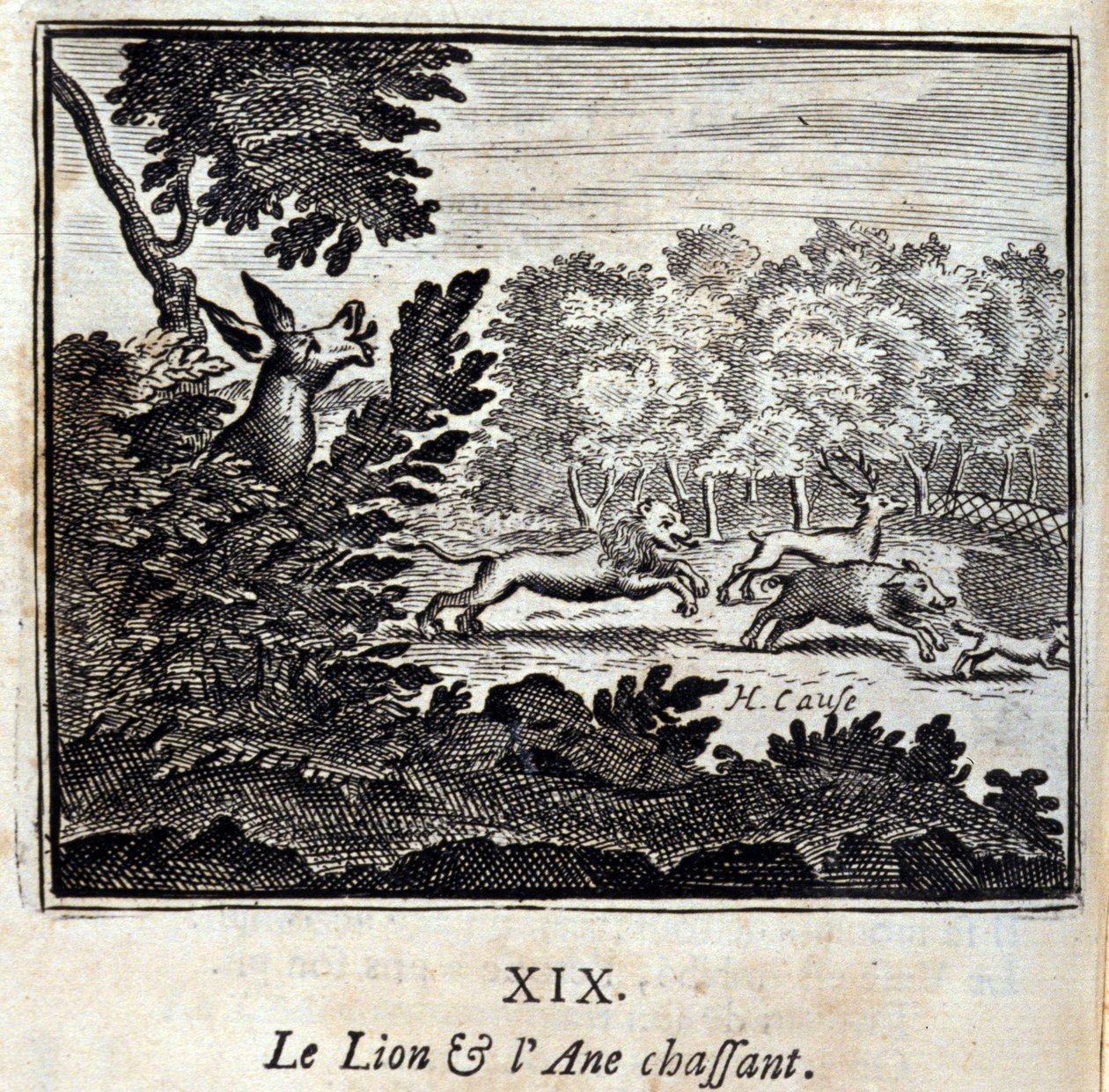 O Leão e a Caça ao Burro. Fábulas de Jean de La Fontaine (1621-95). Ilustração de François Chauveau (1613-1676). Edição de 1728. de Francois Chauveau