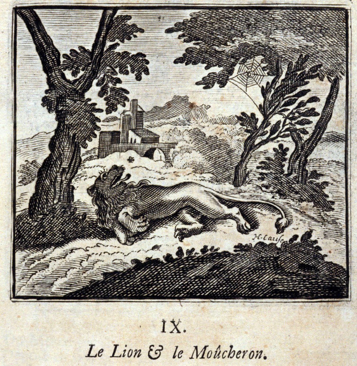 O Leão e o Apanhador de Moscas. Fábulas de Jean de La Fontaine (1621-95). Ilustração de François Chauveau (1613-1676). Edição de 1728. de Francois Chauveau