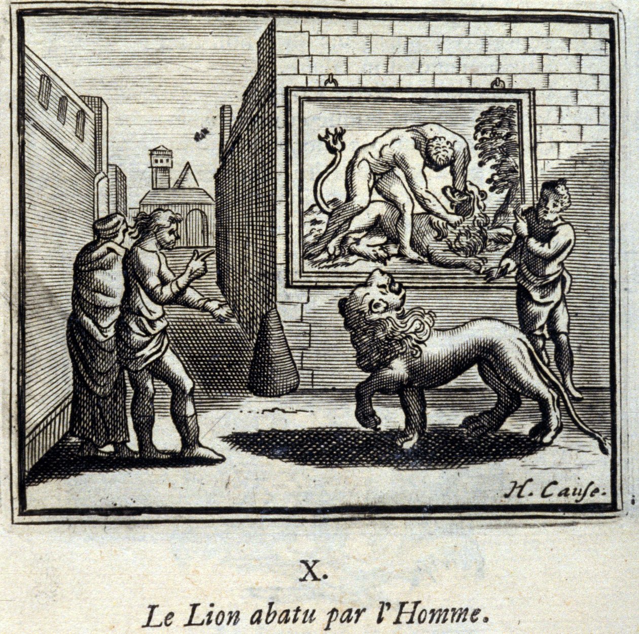 O Leão abatido pelo Homem. Fábulas de Jean de La Fontaine (1621-95). Ilustração de François Chauveau (1613-1676). Edição de 1728. de Francois Chauveau
