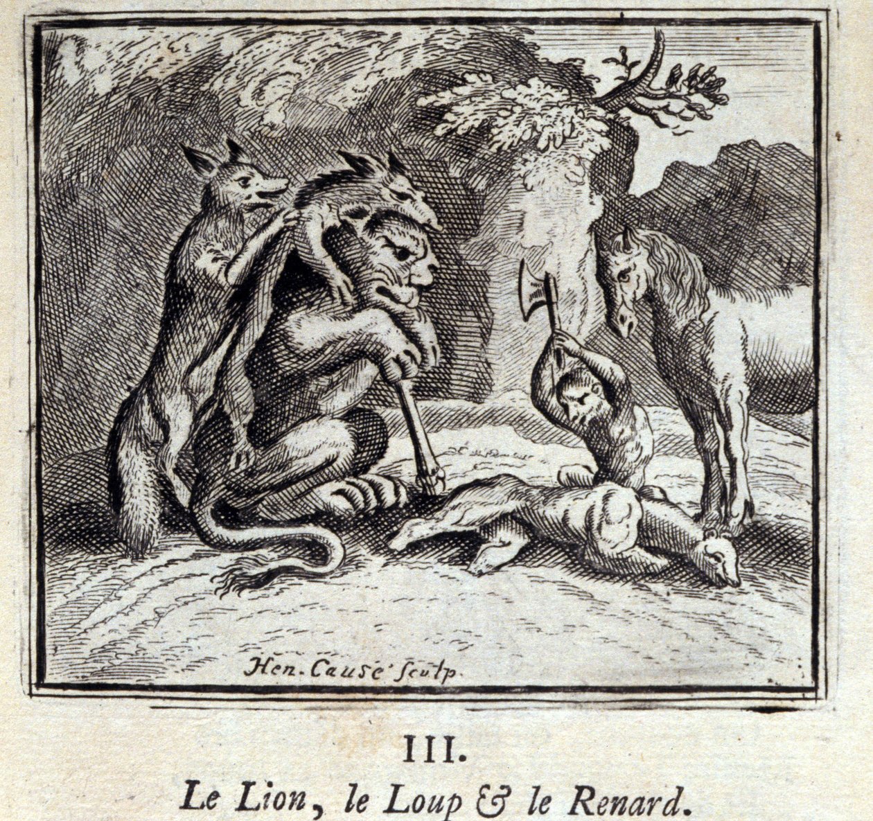 O Leão, o Lobo e a Raposa. Fábulas de Jean de La Fontaine (1621-95). Ilustração de François Chauveau (1613-1676). Edição de 1728. de Francois Chauveau