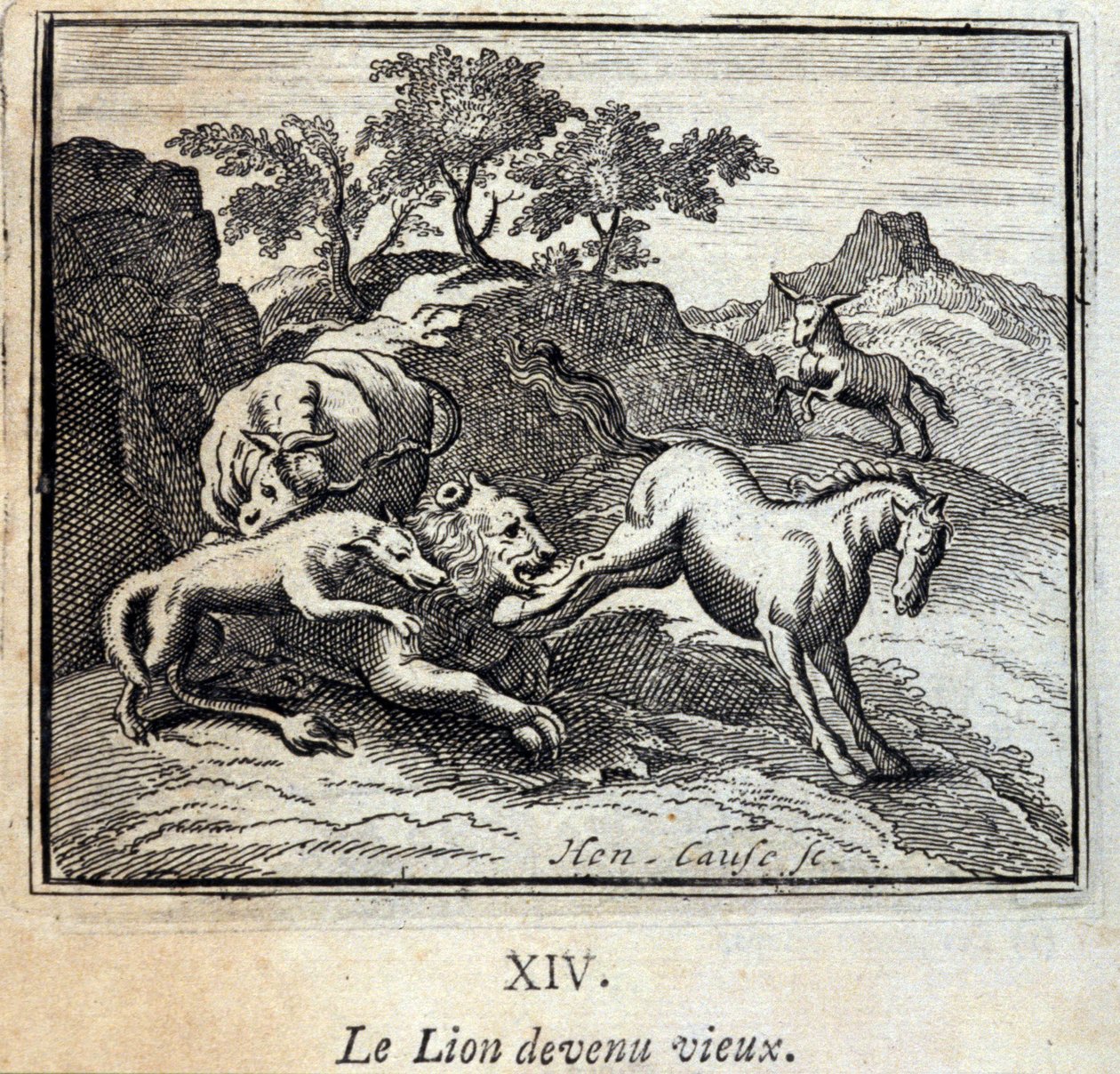O Leão ficou velho. Fábulas de Jean de La Fontaine (1621-95). Ilustração de François Chauveau (1613-1676). Edição de 1728. de Francois Chauveau
