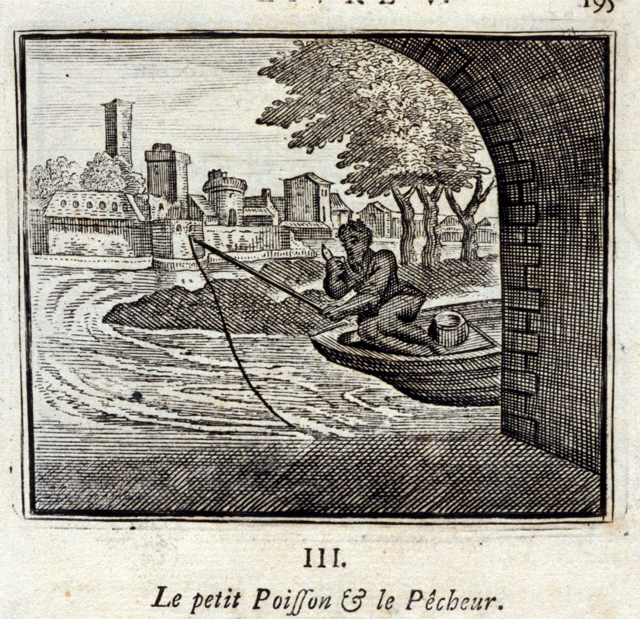 O Pequeno Peixe e o Pescador. Fábulas de Jean de La Fontaine (1621-95). Ilustração de François Chauveau (1613-1676). Edição de 1728. de Francois Chauveau