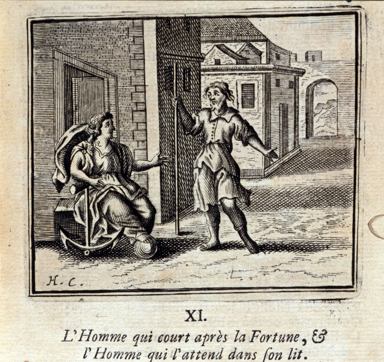 O Homem que corre atrás da Fortuna e o Homem que espera por ele na cama. Fábulas de Jean de La Fontaine (1621-95). Ilustração de François Chauveau (1613-1676). Edição de 1728. de Francois Chauveau