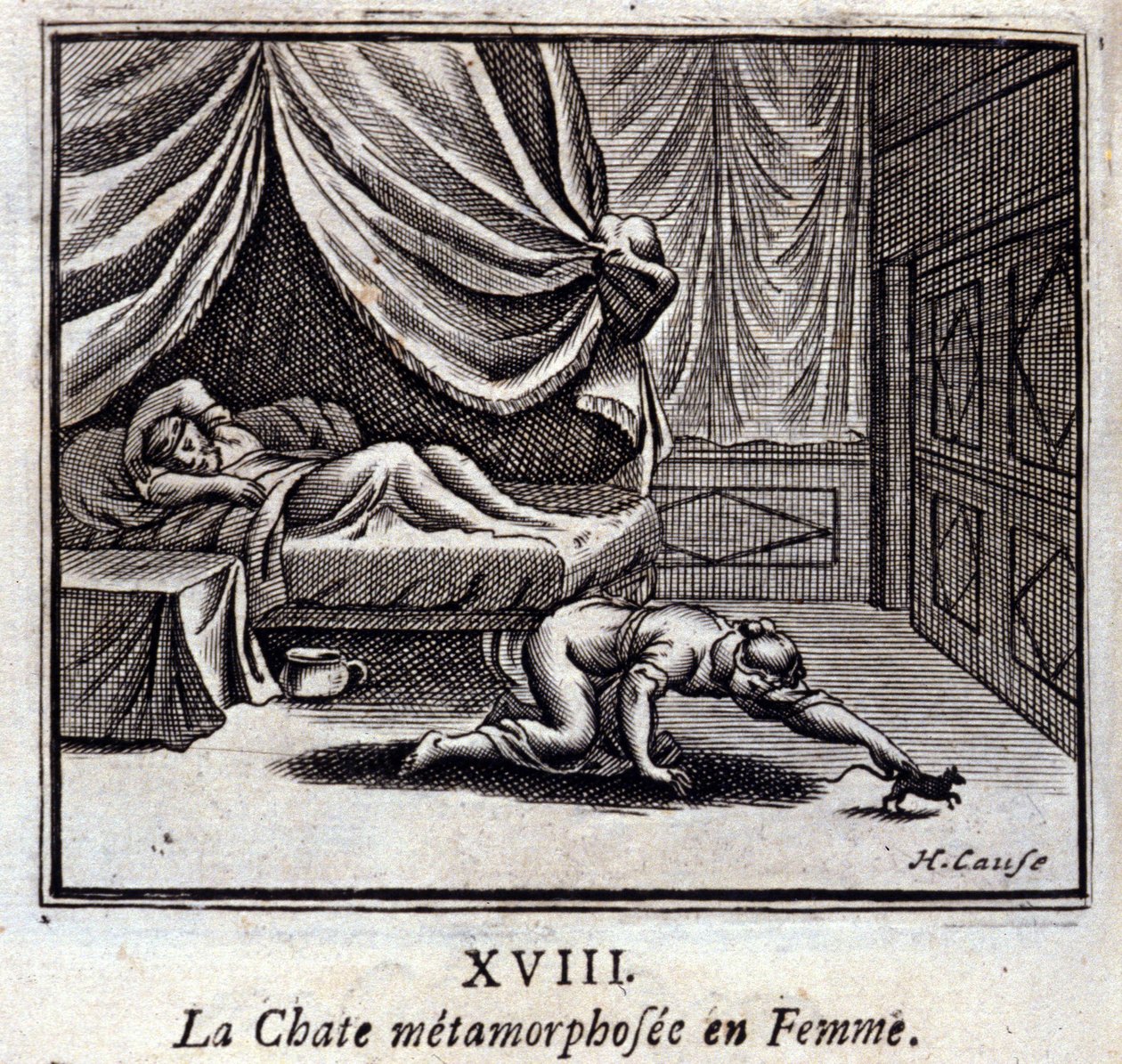 O Gato Metamorfosado na Mulher. Fábulas de Jean de La Fontaine (1621-95). Ilustração de François Chauveau (1613-1676). Edição de 1728. de Francois Chauveau