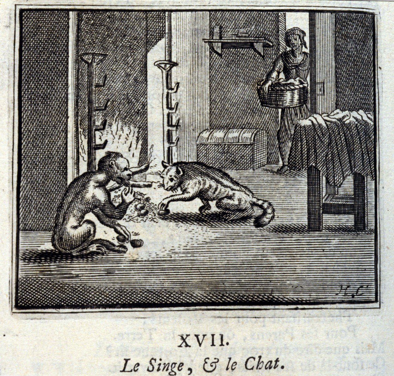 O Macaco e o Gato. Fábulas de Jean de La Fontaine (1621-95). Ilustração de François Chauveau (1613-1676). Edição de 1728. de Francois Chauveau