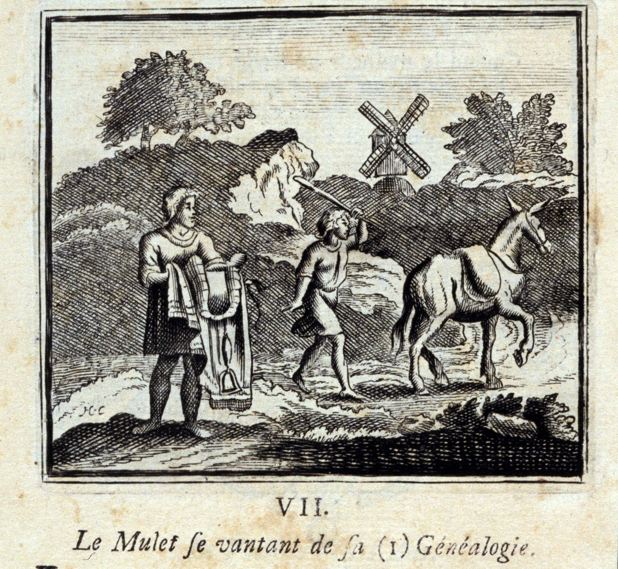O Mullet a gabar-se da sua genealogia. Fábulas de Jean de La Fontaine (1621-95). Ilustração de François Chauveau (1613-1676). Edição de 1728. de Francois Chauveau