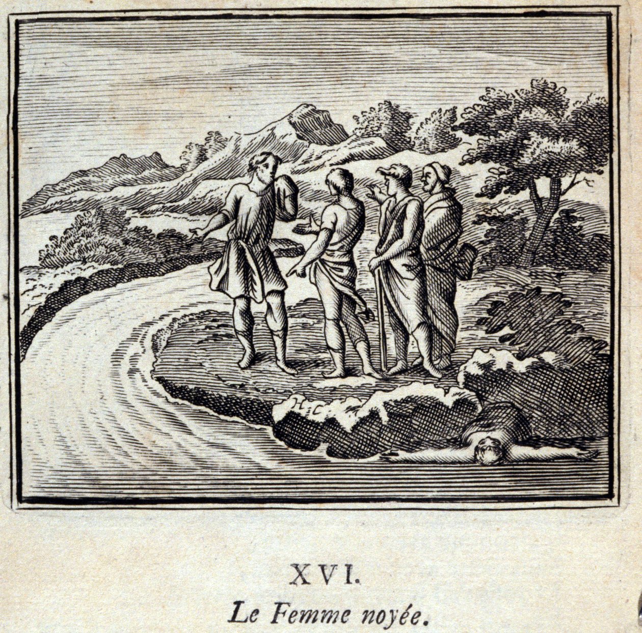 A Mulher Noyee. Fábulas de Jean de La Fontaine (1621-95). Ilustração de François Chauveau (1613-1676). Edição de 1728. de Francois Chauveau