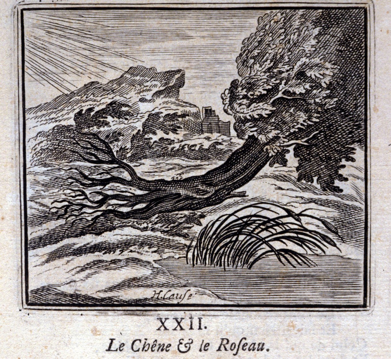 O Carvalho e o Reed. Fábulas de Jean de La Fontaine (1621-95). Ilustração de François Chauveau (1613-1676). Edição de 1728. de Francois Chauveau