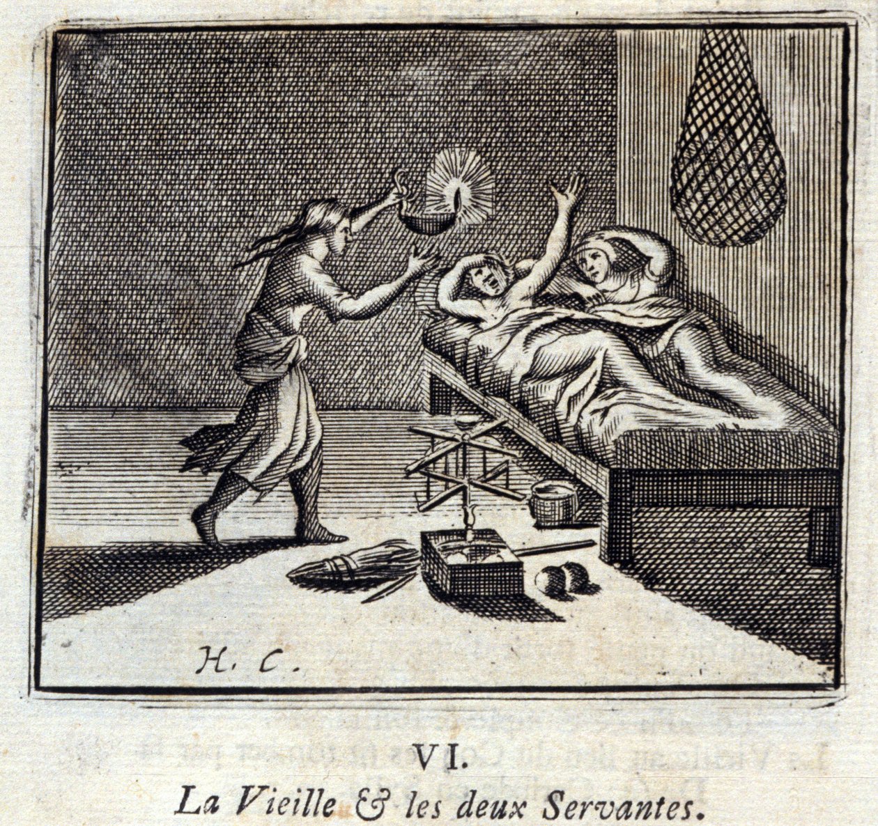 A Velha Senhora e os Dois Servidores. Fábulas de Jean de La Fontaine (1621-95). Ilustração de François Chauveau (1613-1676). Edição de 1728. de Francois Chauveau
