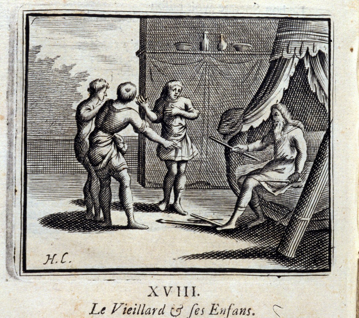 O Velho e os seus filhos. Fábulas de Jean de La Fontaine (1621-95). Ilustração de François Chauveau (1613-1676). Edição de 1728. de Francois Chauveau