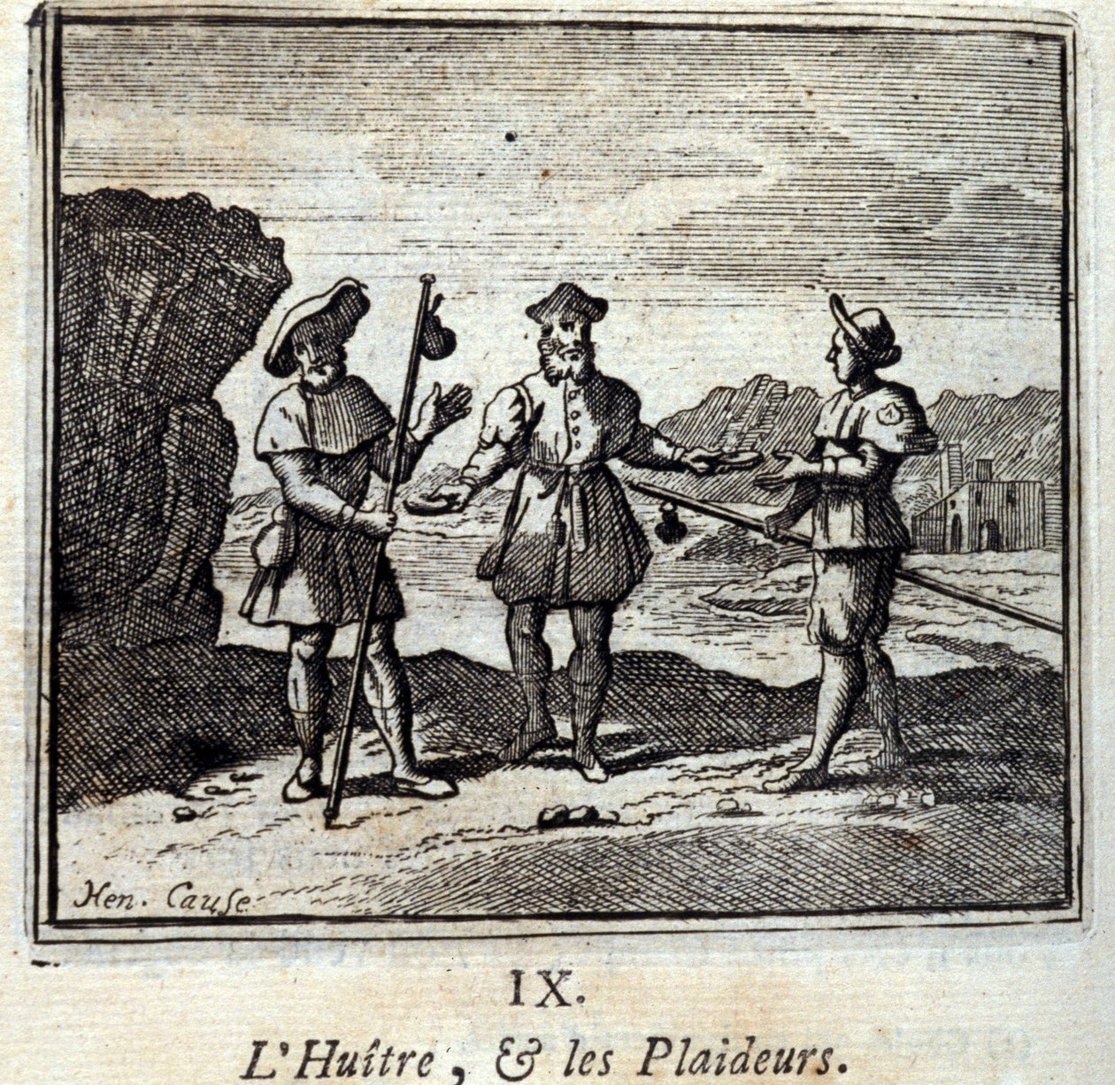 A Ostra e os Litigantes. Fábulas de Jean de La Fontaine (1621-95). Ilustração de François Chauveau (1613-1676). Edição de 1728. de Francois Chauveau