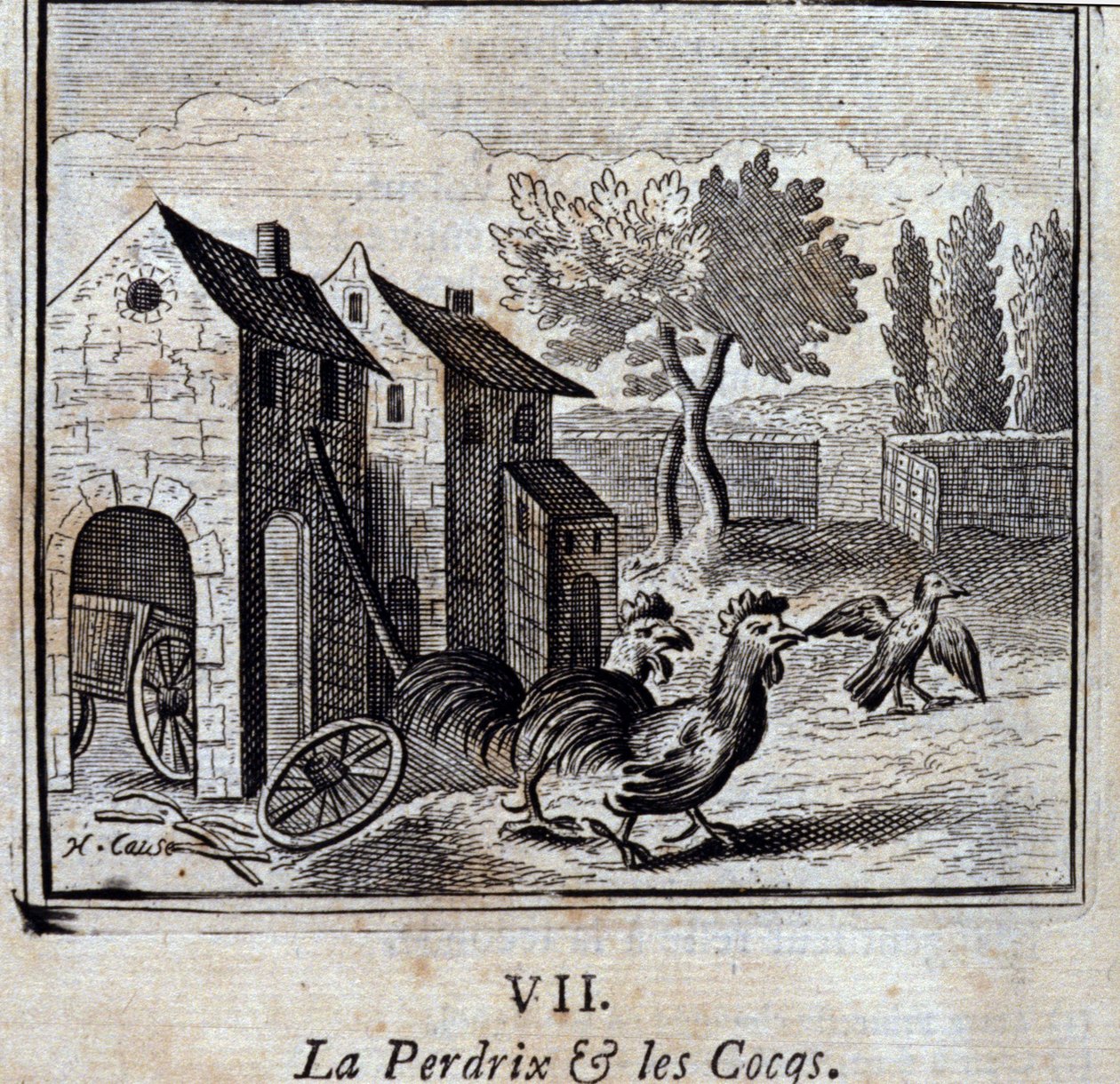 O Partridge and the Cocks. Fábulas de Jean de La Fontaine (1621-95). Ilustração de François Chauveau (1613-1676). Edição de 1728. de Francois Chauveau