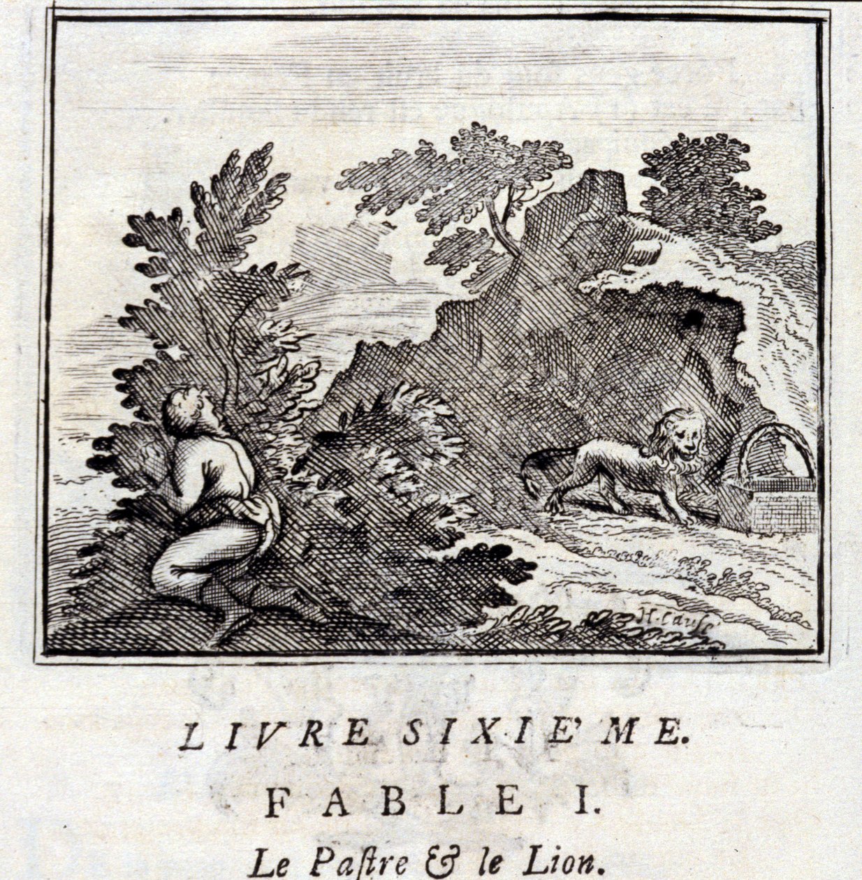 A Patra e o Leão. Fábulas de Jean de La Fontaine (1621-95). Ilustração de François Chauveau (1613-1676). Edição de 1728. de Francois Chauveau