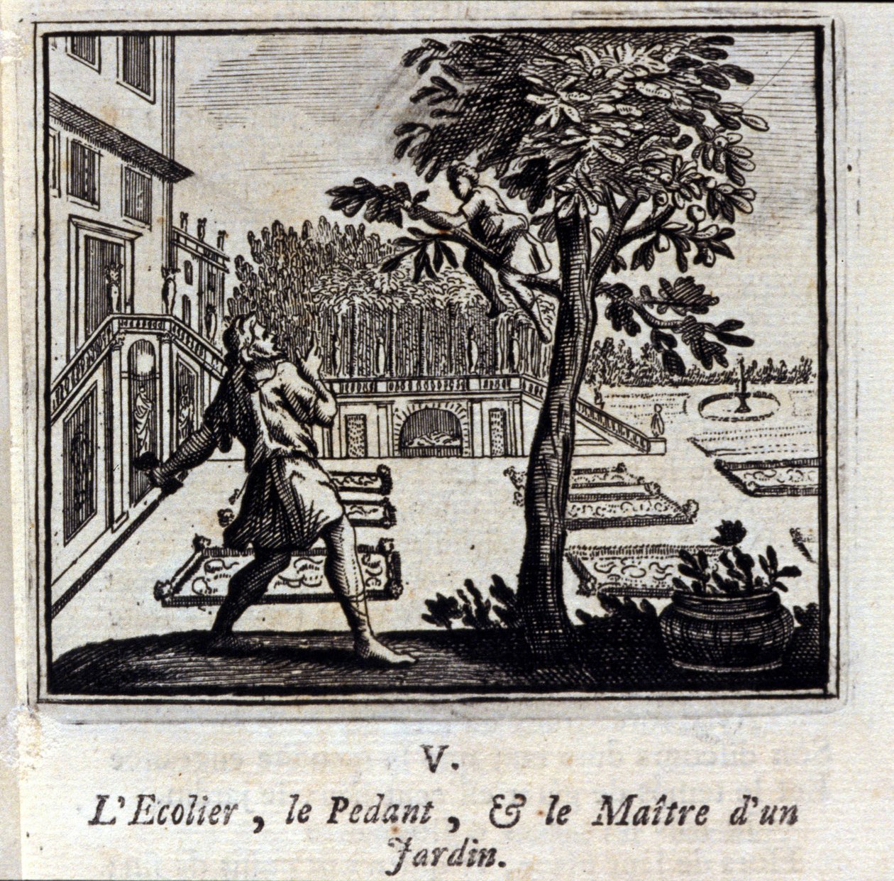 A Escola Pedagógica e o Mestre de um Jardim. Fábulas de Jean de La Fontaine (1621-95). Ilustração de François Chauveau (1613-1676). Edição de 1728. de Francois Chauveau