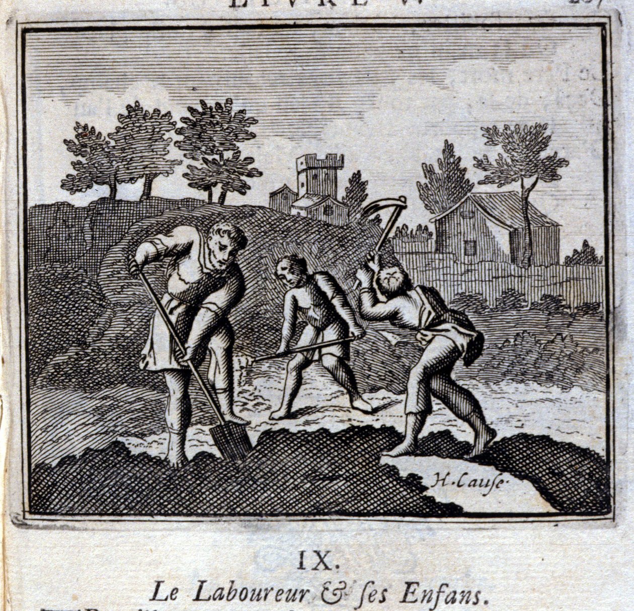 O Ploureur e os seus Enfants. Fábulas de Jean de La Fontaine (1621-95). Ilustração de François Chauveau (1613-1676). Edição de 1728. de Francois Chauveau