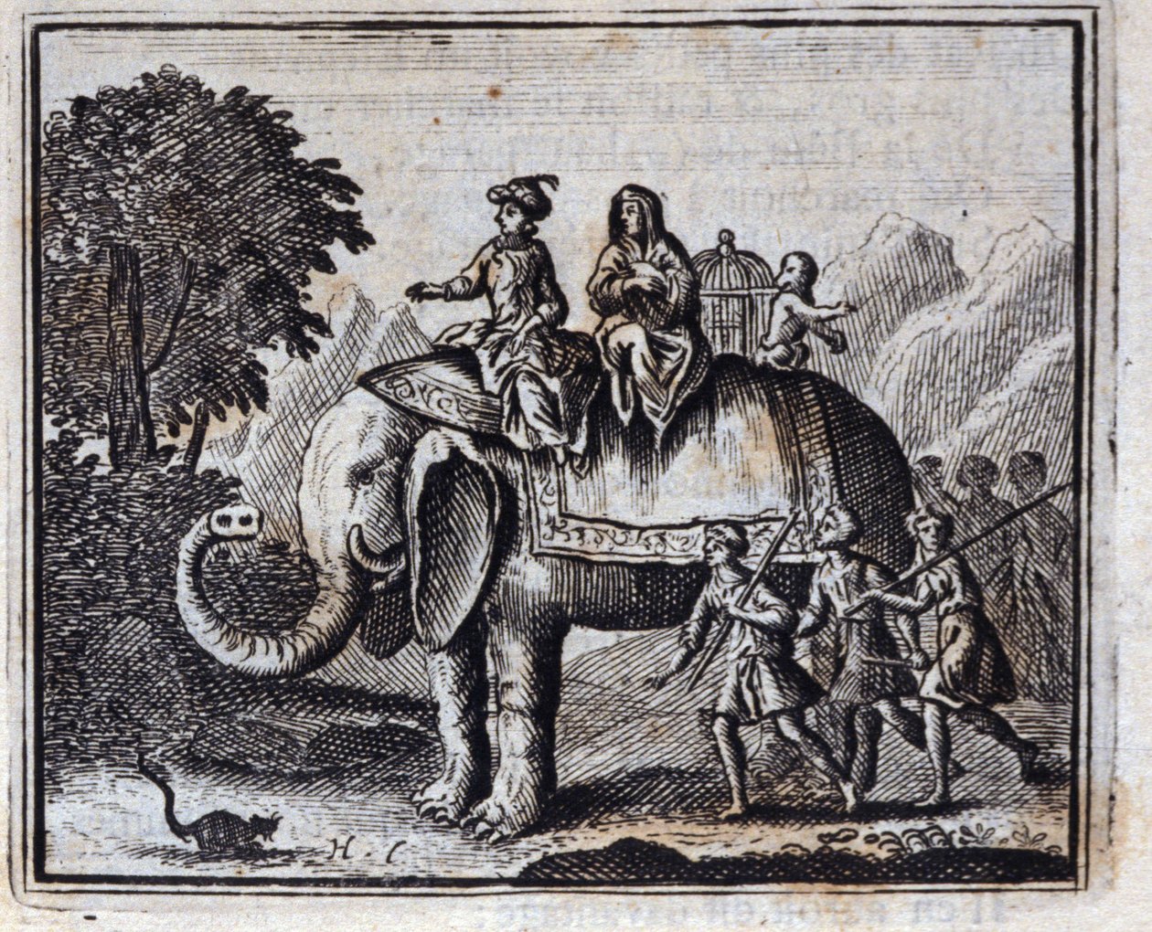 O Rato e o Elefante. Fábulas de Jean de La Fontaine (1621-95). Ilustração de François Chauveau (1613-1676). Edição de 1728. de Francois Chauveau