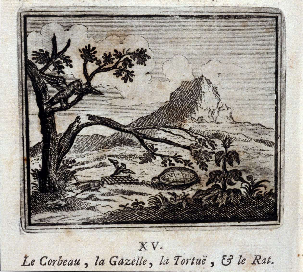 O Corvo, a Gazela, a Tartaruga e o Rato. Fábulas de Jean de La Fontaine (1621-95). Ilustração de François Chauveau (1613-1676). Edição de 1728. de Francois Chauveau