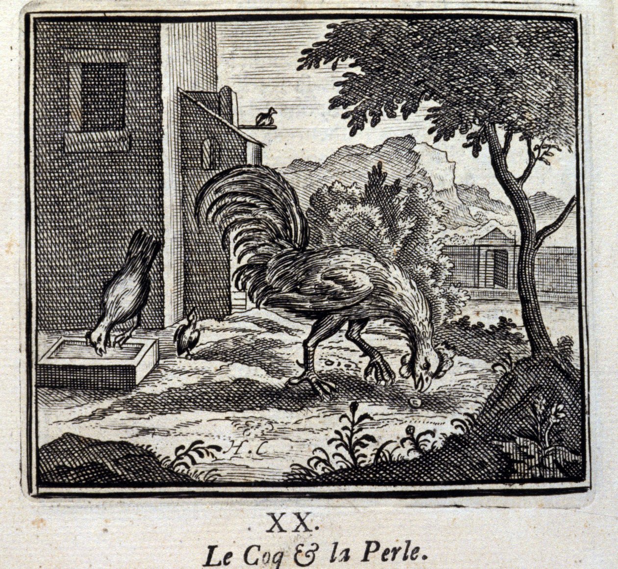 O Galo e a Pérola. Fábulas de Jean de La Fontaine (1621-95). Ilustração de François Chauveau (1613-1676). Edição de 1728. de Francois Chauveau