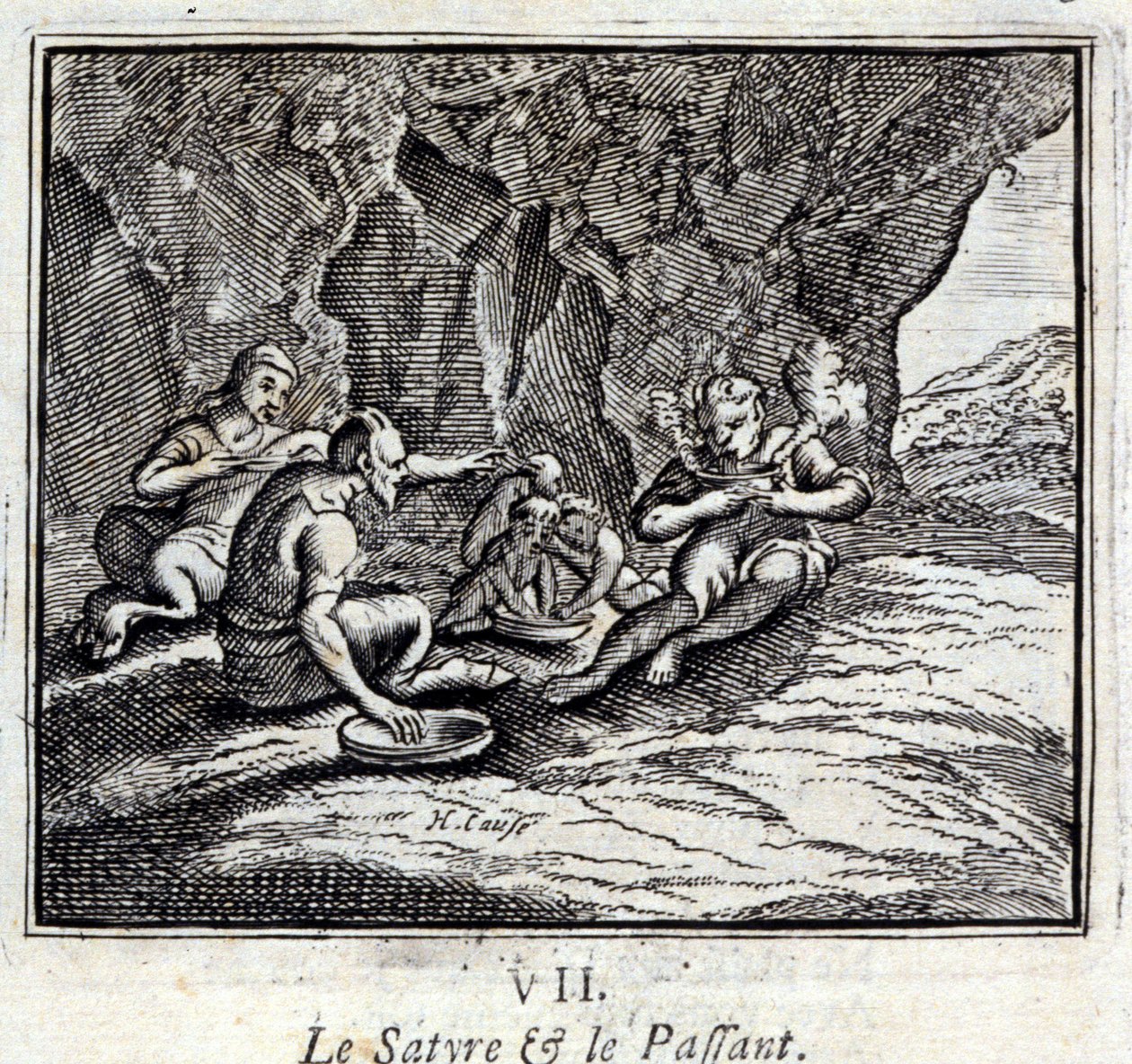 O Satyre e o Passageiro. Fábulas de Jean de La Fontaine (1621-95). Ilustração de François Chauveau (1613-1676). Edição de 1728. de Francois Chauveau