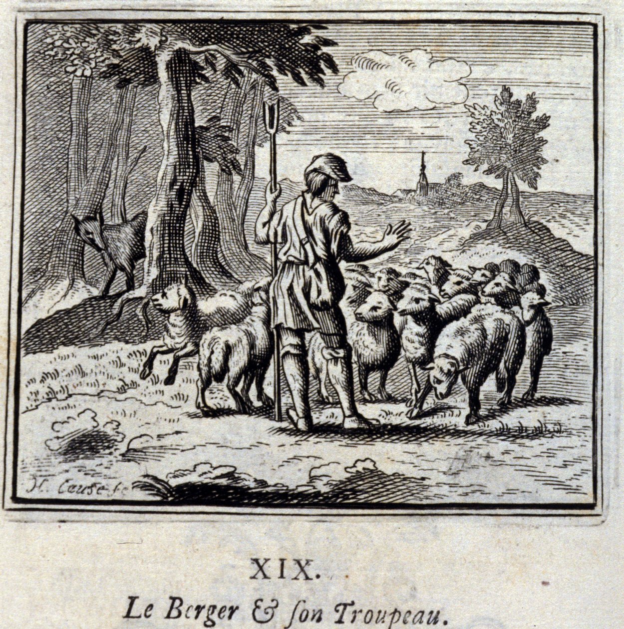 O Pastor e o seu rebanho. Fábulas de Jean de La Fontaine (1621-95). Ilustração de François Chauveau (1613-1676). Edição de 1728. de Francois Chauveau