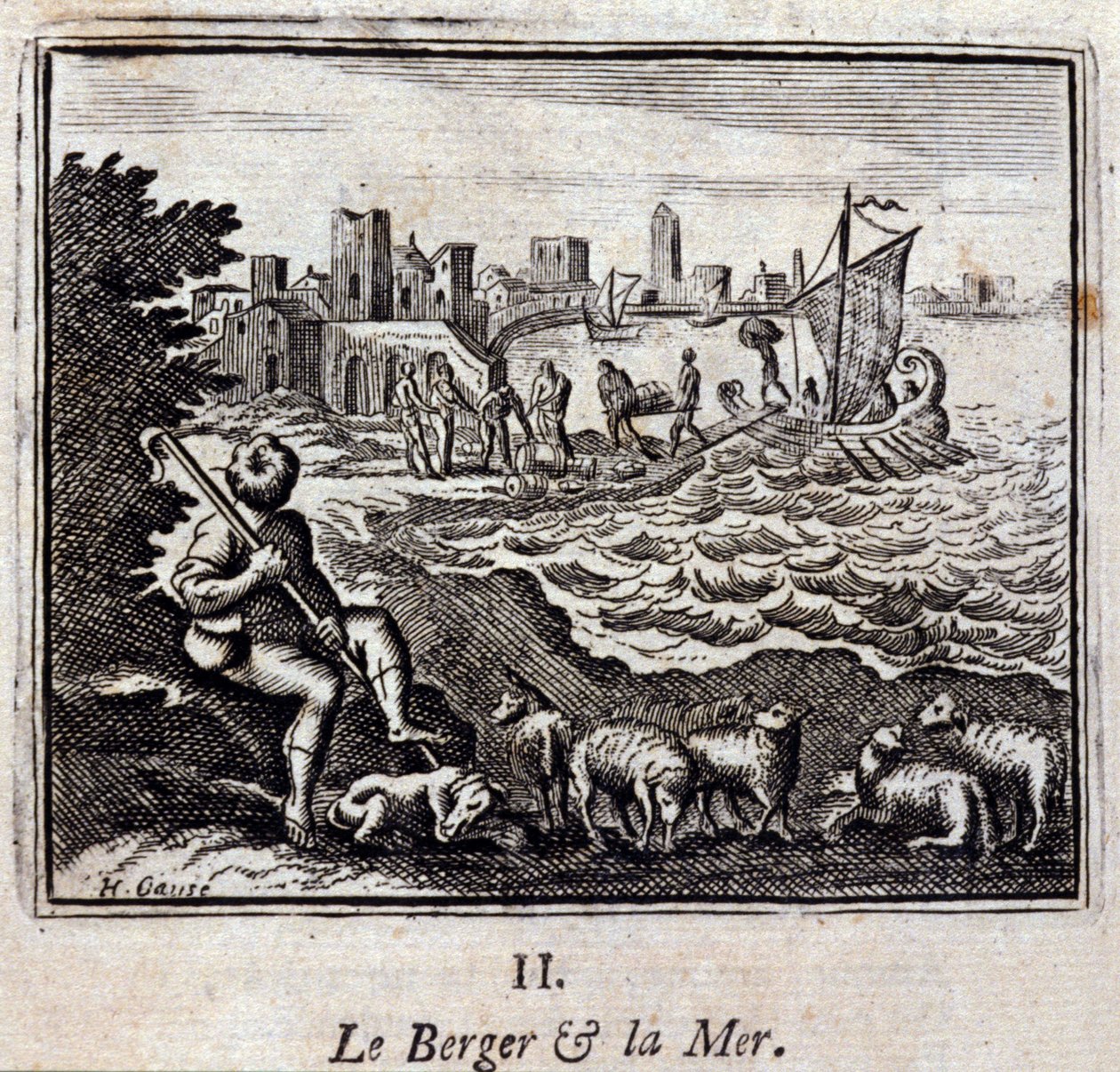 O Pastor e o Mar. Fábulas de Jean de La Fontaine (1621-95). Ilustração de François Chauveau (1613-1676). Edição de 1728. de Francois Chauveau
