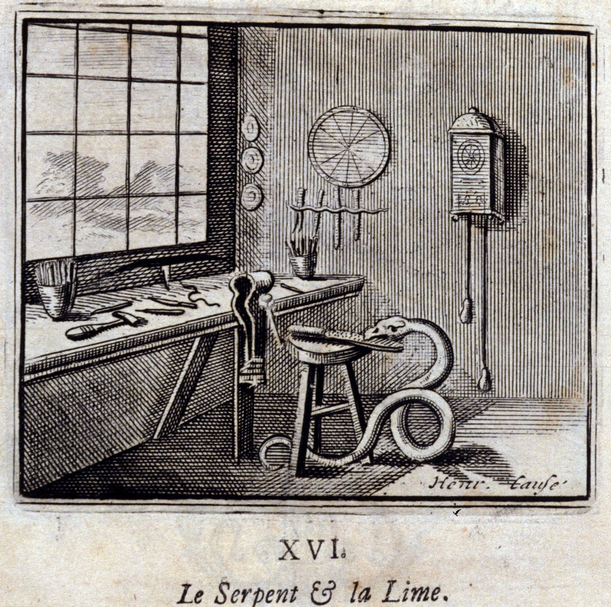 The Snake and the Lime.Fables de Jean de La Fontaine (1621-95). Ilustração de François Chauveau (1613-1676). Edição de 1728. de Francois Chauveau