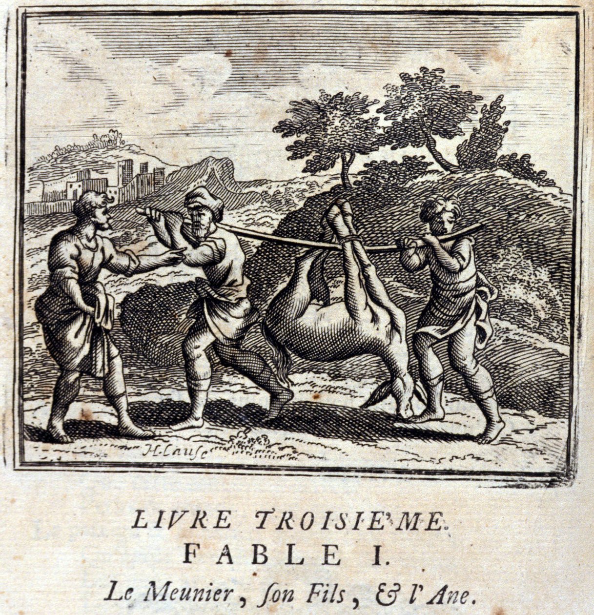 O Otário seu filho e o Burro. Fábulas de Jean de La Fontaine (1621-95). Ilustração de François Chauveau (1613-1676). Edição de 1728. de Francois Chauveau