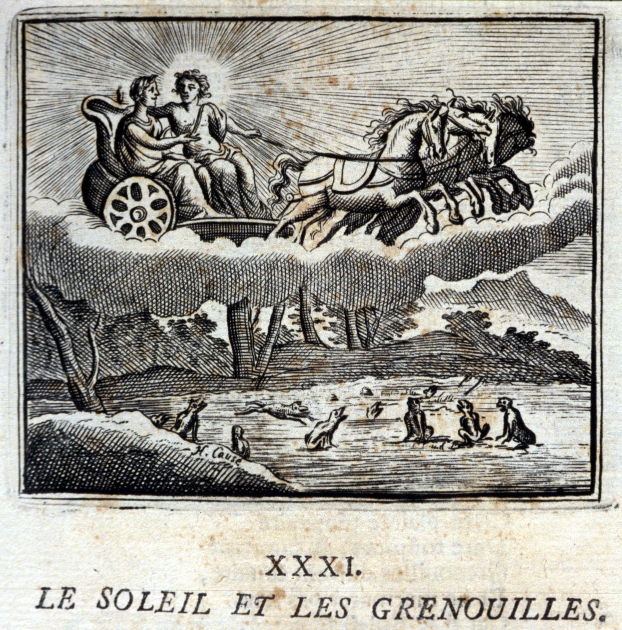 O Sol e os Sapos. Fábulas de Jean de La Fontaine (1621-95). Ilustração de François Chauveau (1613-1676). Edição de 1728. de Francois Chauveau