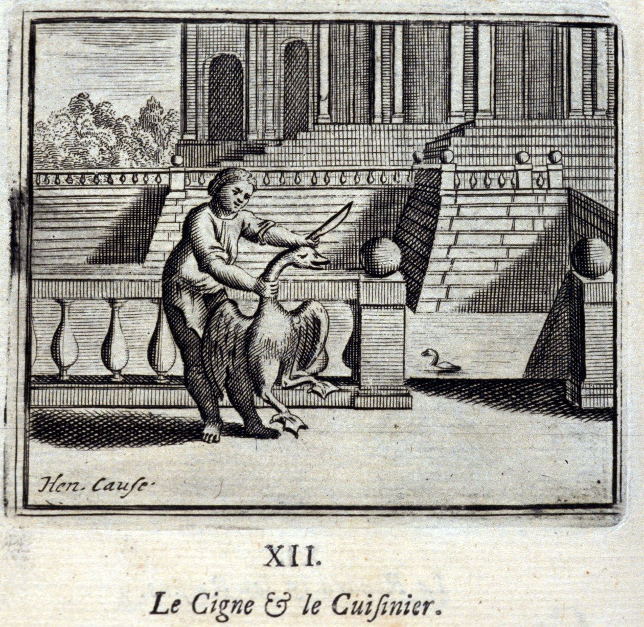 O Cisne e o Cozinheiro. Fábulas de Jean de La Fontaine (1621-95). Ilustração de François Chauveau (1613-1676). Edição de 1728. de Francois Chauveau