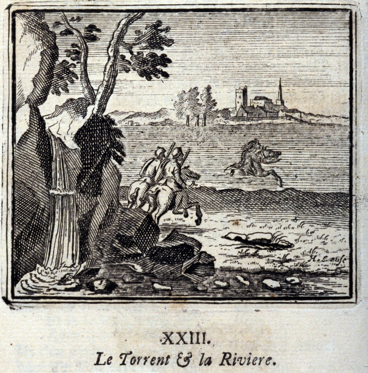 O Torrent e o Riviere. Fábulas de Jean de La Fontaine (1621-95). Ilustração de François Chauveau (1613-1676). Edição de 1728. de Francois Chauveau
