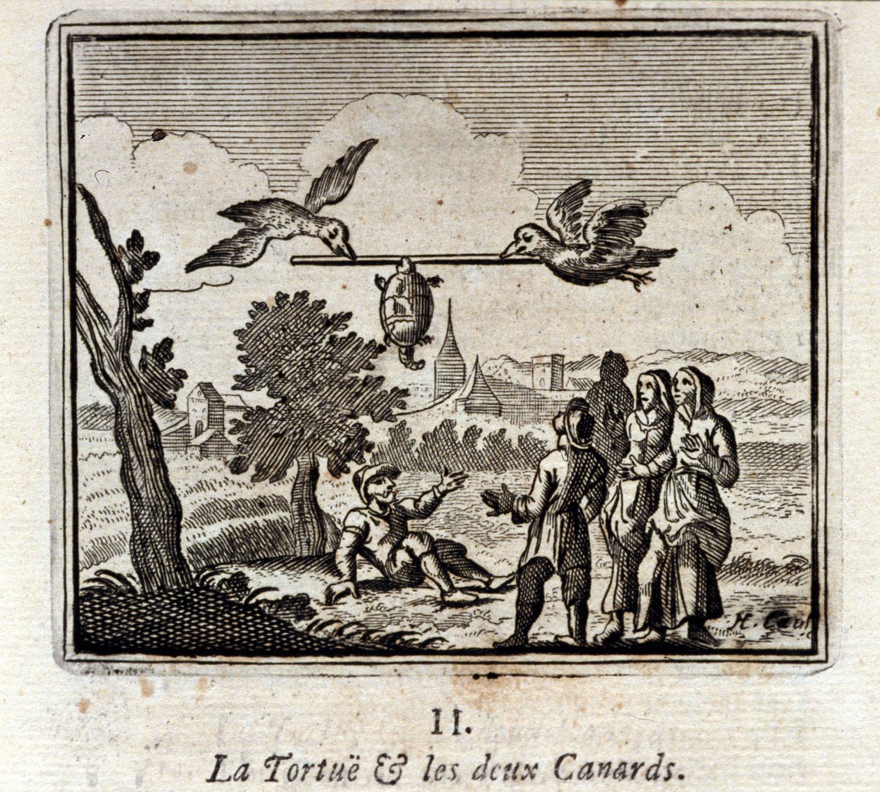 A Tartaruga e os dois Patos. Fábulas de Jean de La Fontaine (1621-95). Ilustração de François Chauveau (1613-1676). Edição de 1728. de Francois Chauveau