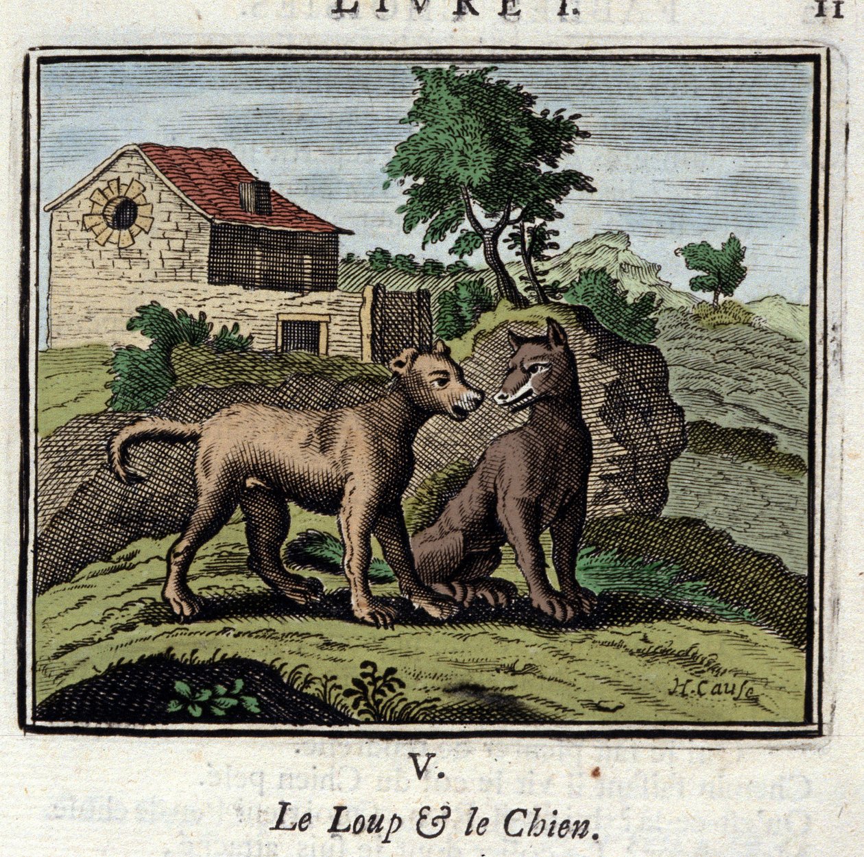 O Lobo e o Cão. Fábulas de Jean de La Fontaine (1621-1695). Ilustração de François Chauveau (1613-1676). Edição de 1728. de Francois Chauveau