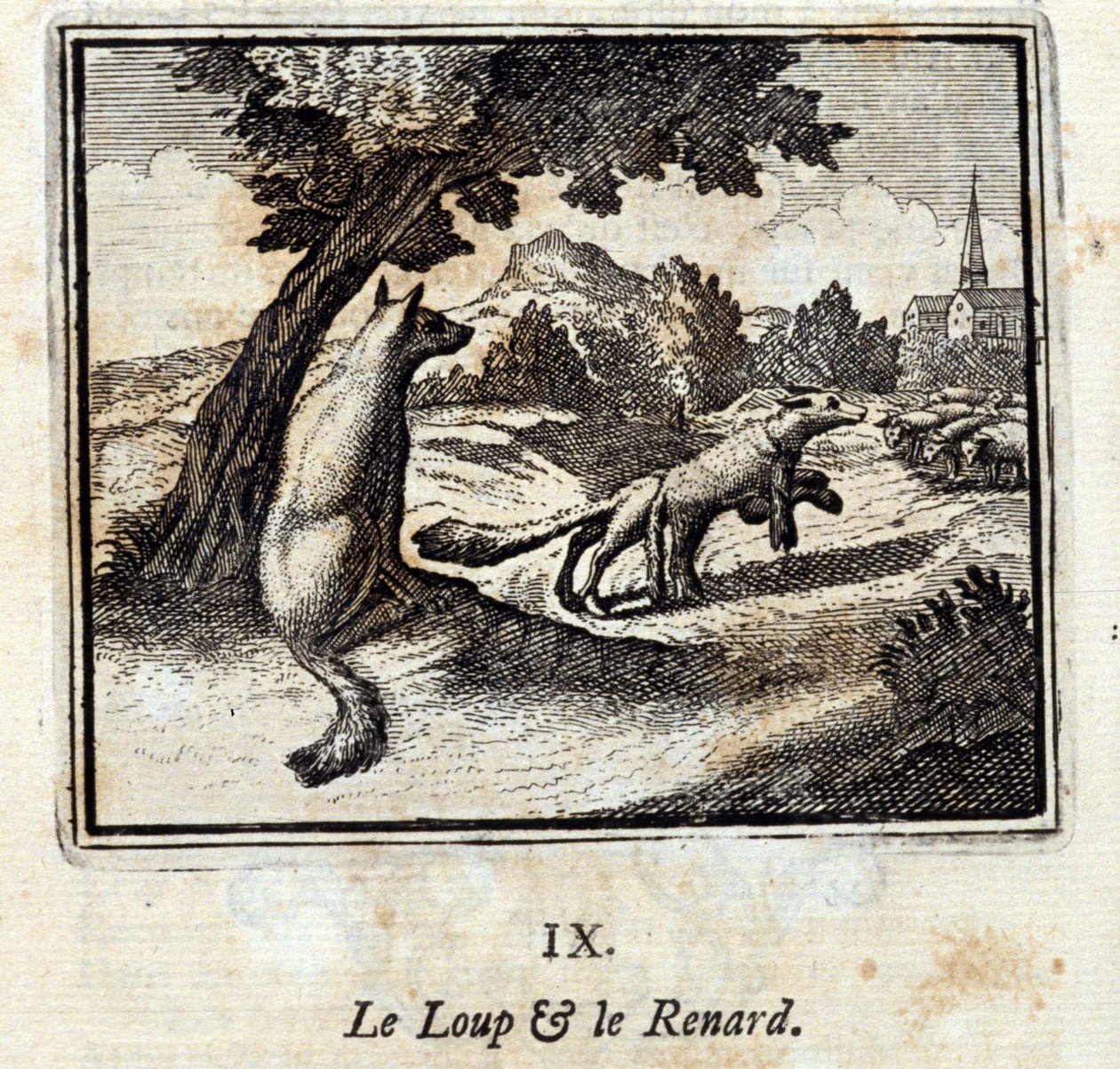 O Lobo e a Raposa. Fábulas de Jean de La Fontaine (1621-95). Ilustração de François Chauveau (1613-1676). Edição de 1728. de Francois Chauveau