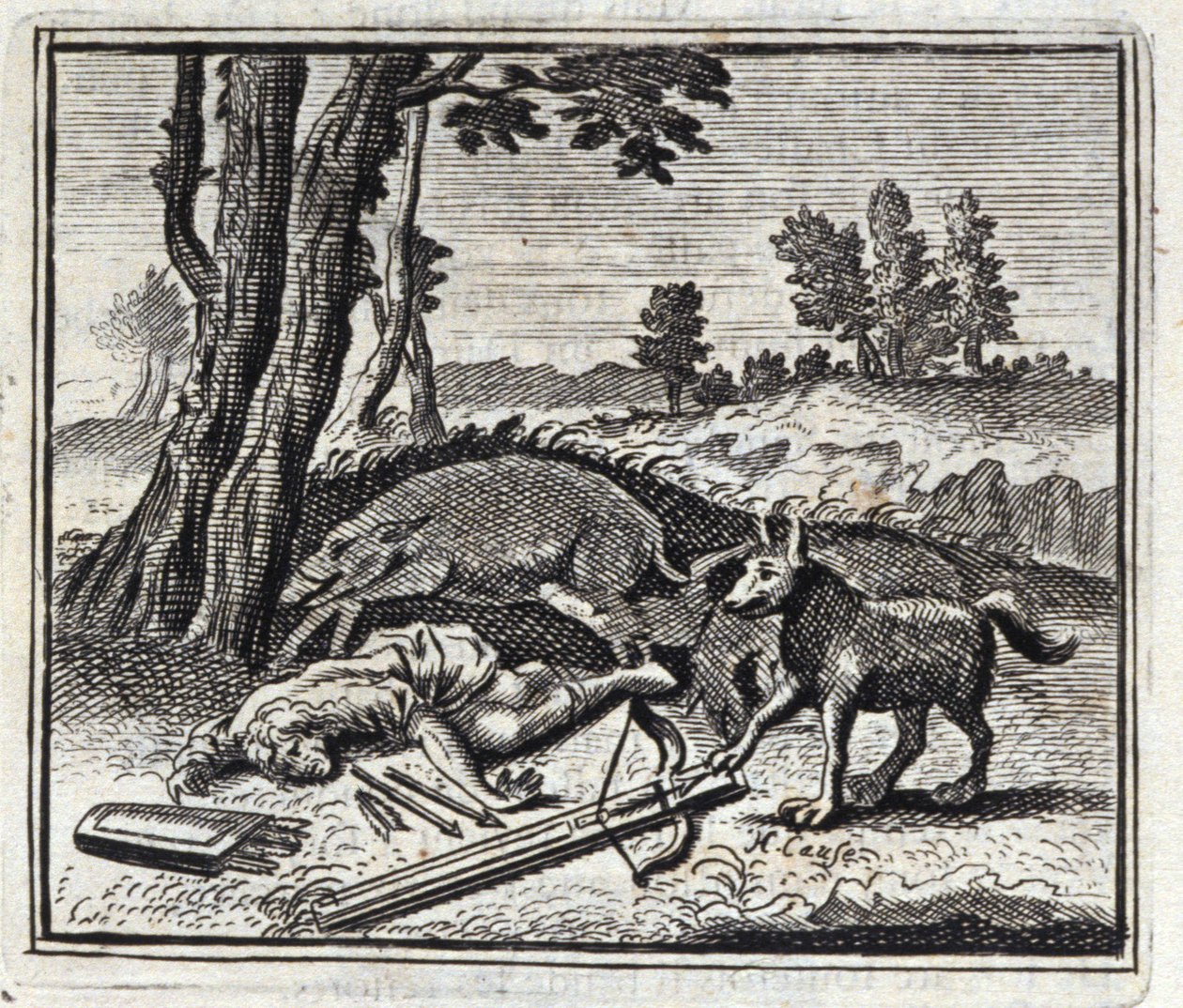 O Lobo e o Caçador. Fábulas de Jean de La Fontaine (1621-95). Ilustração de François Chauveau (1613-1676). Edição de 1728. de Francois Chauveau
