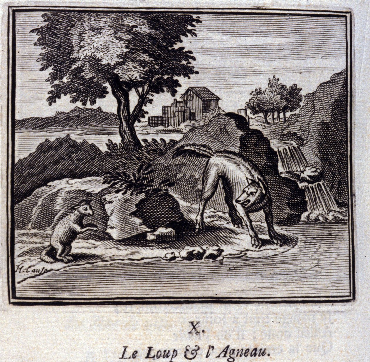 O Lobo e o Cordeiro. Fábulas de Jean de La Fontaine (1621-95). Ilustração de François Chauveau (1613-1676). Edição de 1728. de Francois Chauveau