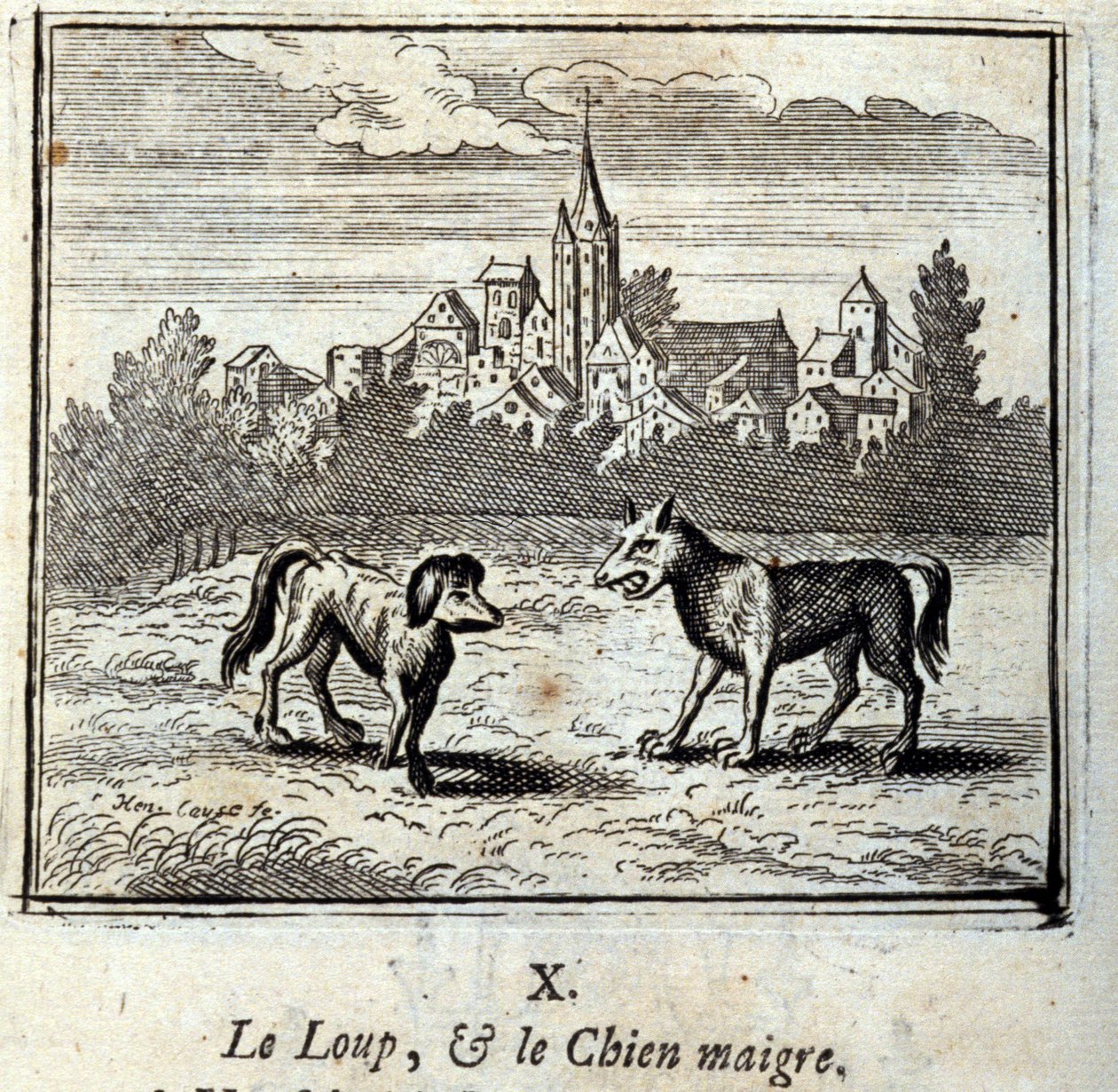 O lobo e o cão magro. Fábulas de Jean de La Fontaine (1621-95). Ilustração de François Chauveau (1613-1676). Edição de 1728. de Francois Chauveau